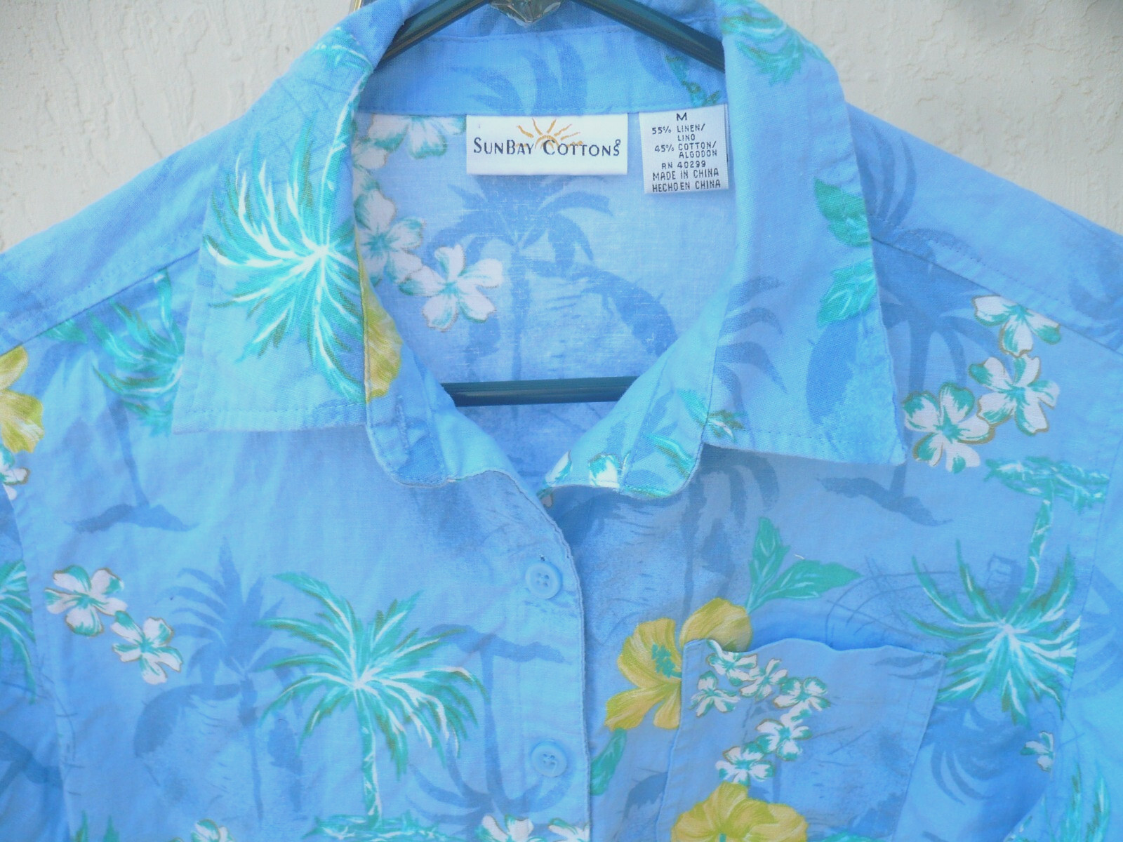 SUN BAY COTTON M L LINEN HAWAIIAN YELLOW FLORAL BLUE SHIRT BLOUSE BUTTON UP FLAW