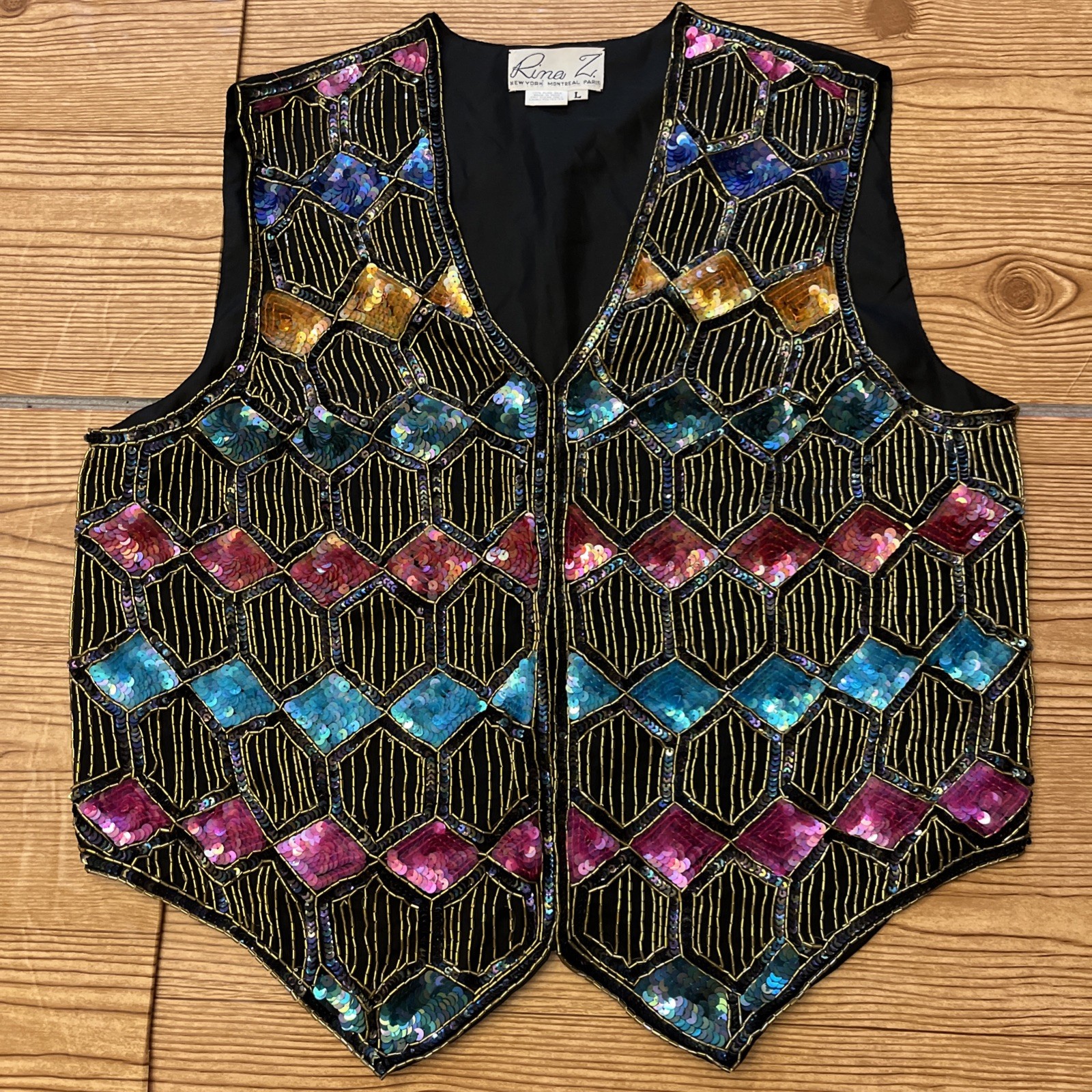 Vtg Rina Z Black 100% Silk Gold Rainbow Sequins Vest Size Large Festive Party