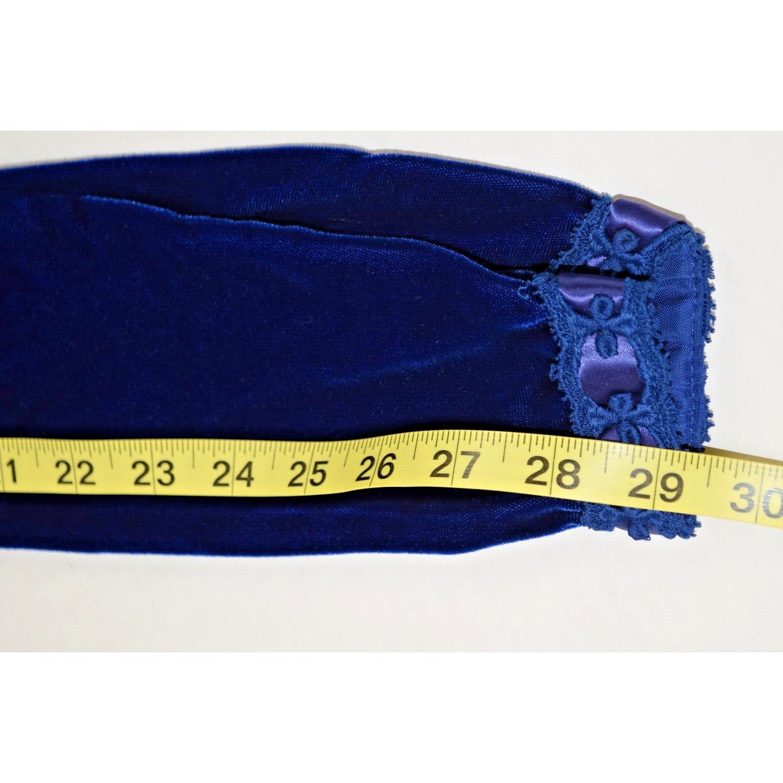 Vintage Dress Size S 70s Blue Velvet Ribbon Trim Empire Waist Button Back