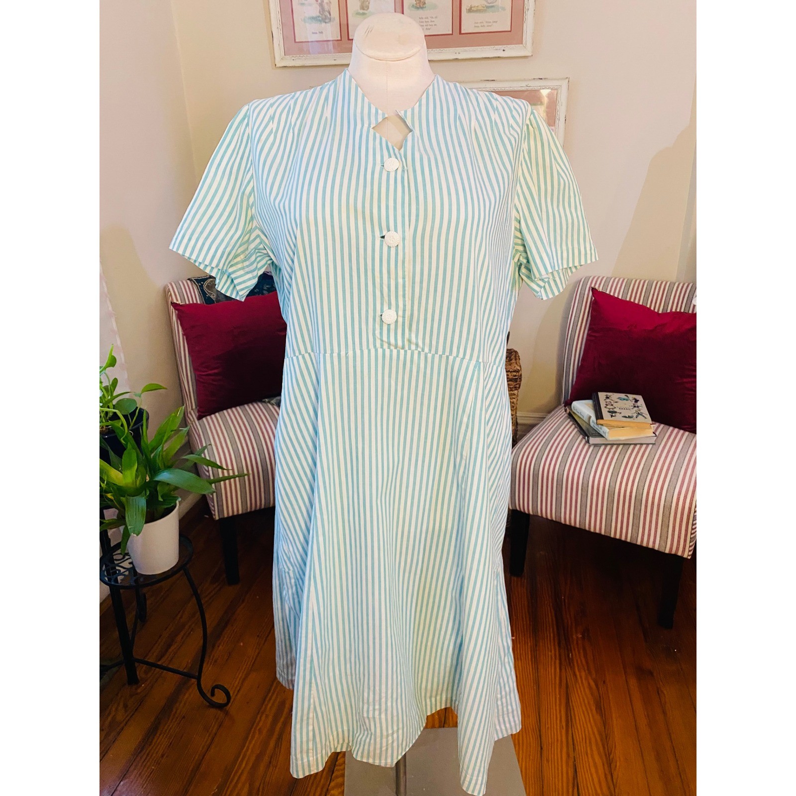 VTG 50’s Teal White Striped Short Sleeve Day Dress handmade rockabilly