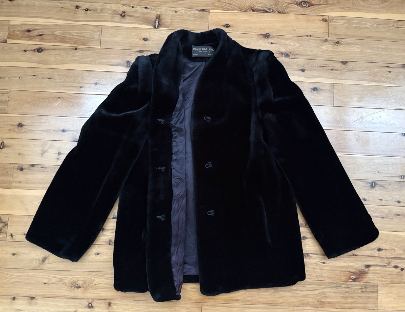 Rare 70s-80s Jacques Saint Laurent Faux Fur Black Coat Shawl Collar L/XL