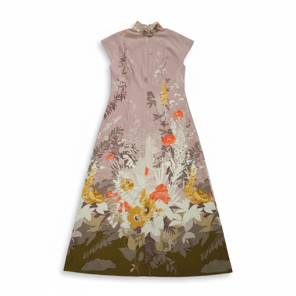 Vintage 70s McInerny Hawaii Floral Mandarin Collar Maxi Dress Muumuu Pink S/M