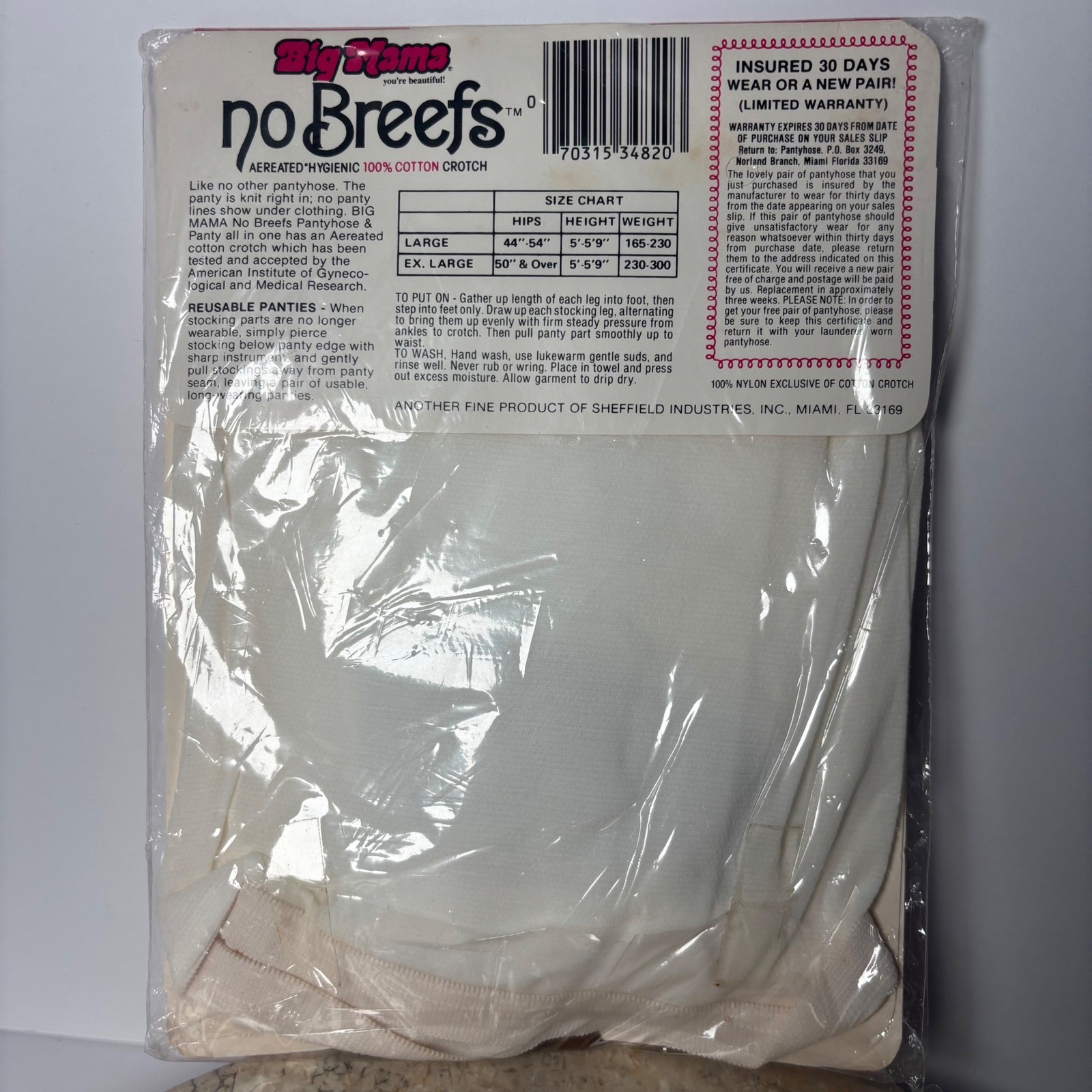 Vintage 1978 Big Mama No Breefs Pantyhose White Panty Suntan Legs Large NOS