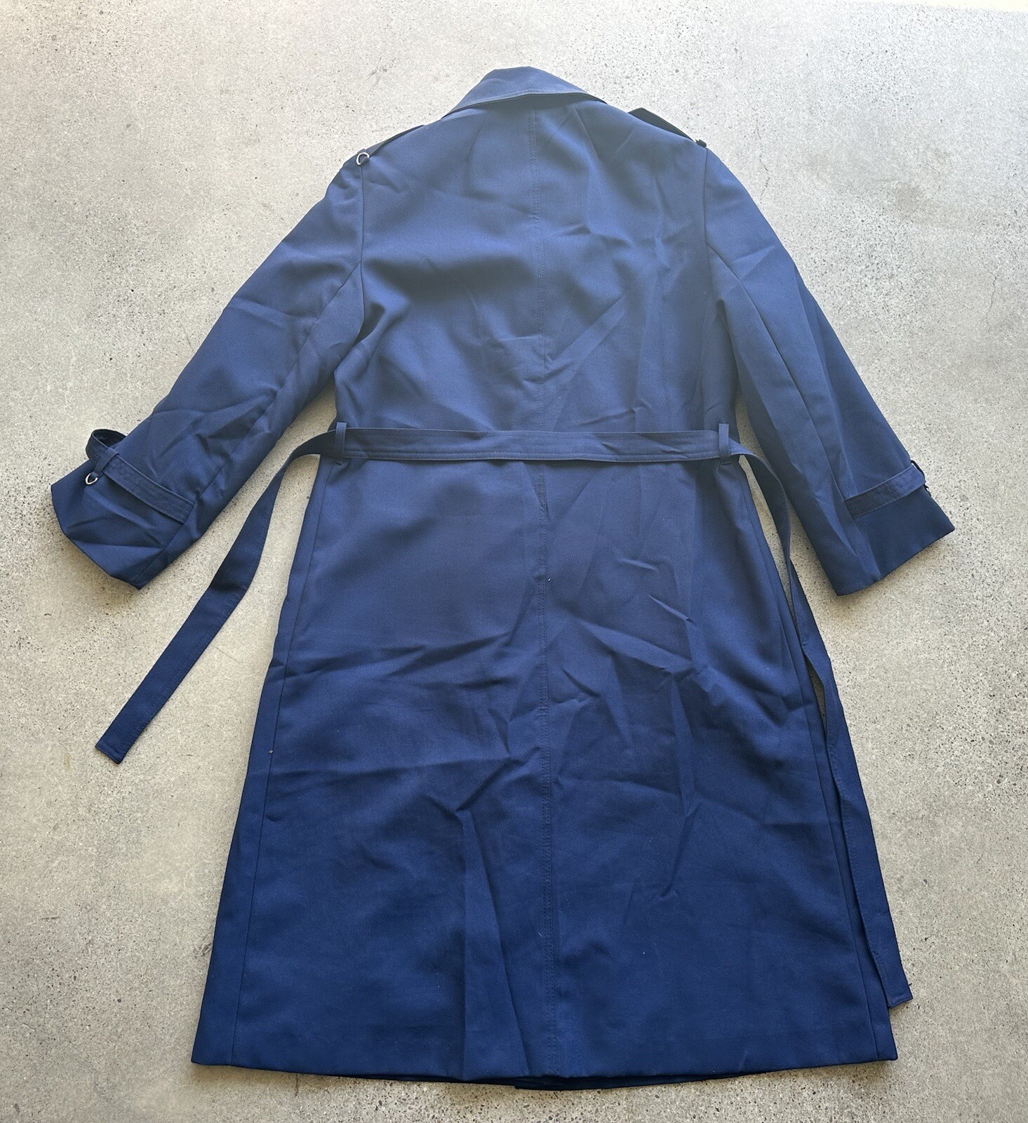 Vintage Jerold Navy Blue 2-Pocket Button-Up Collared Overcoat Trench Coat w Belt