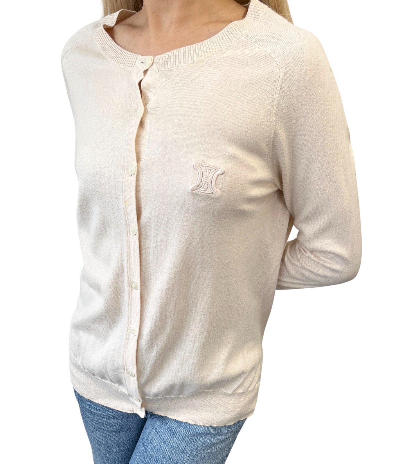 CELINE Vintage Macadam Logo Knit Cardigan Sweater Top Pink Beige 106919
