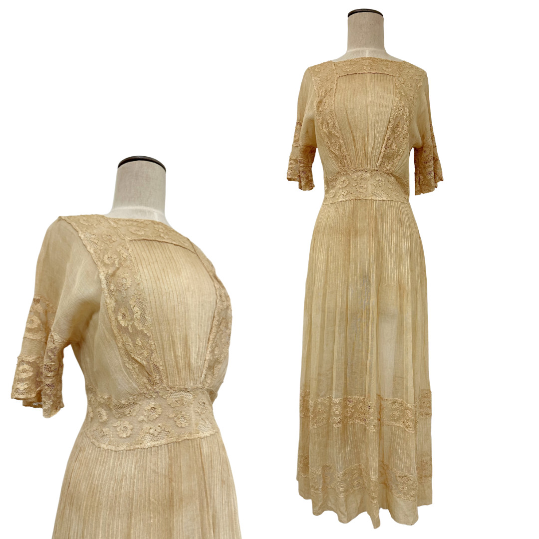 Antique 1900s Edwardian Ecru Net Lace Pin Tuck Short Sleeve Sheer Tea Dress