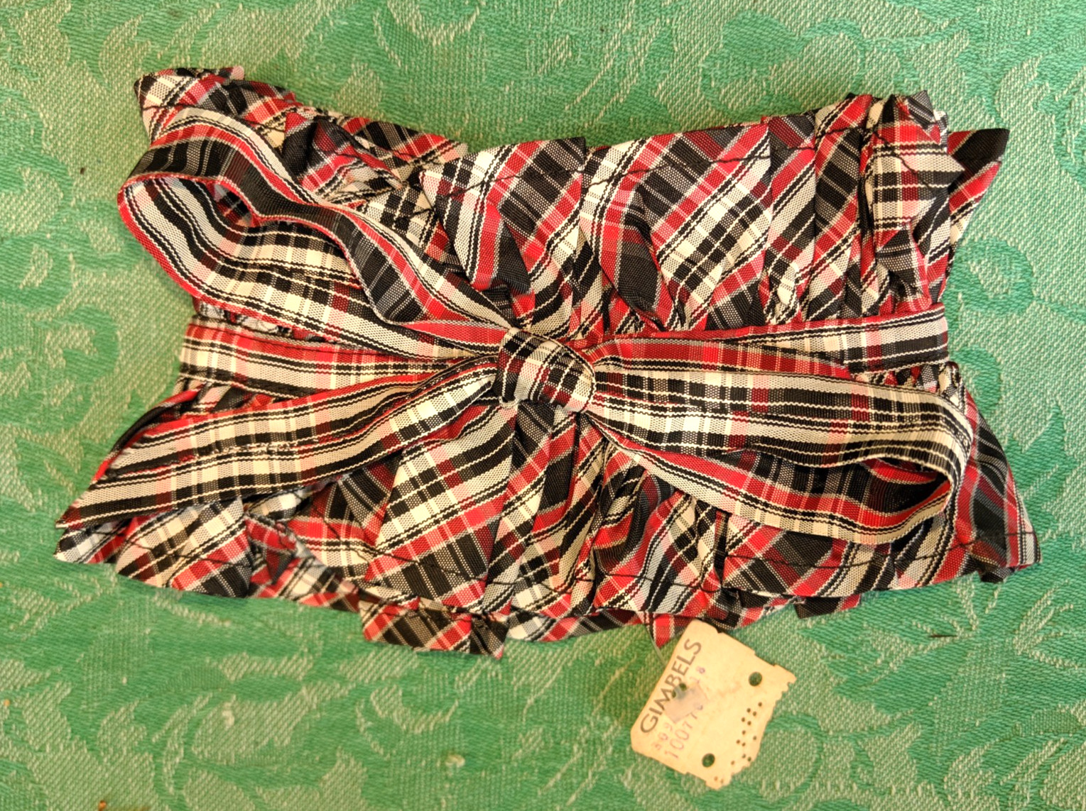 Vintage 1970s Girls Gingham Plaid Collar necklace bow Gimbels Country Prairie
