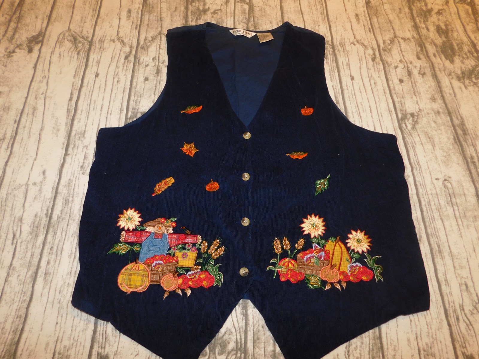 VTG 90s VICTORIA JONES EMBROIDERED VEST FALL HARVEST SCARECROW TEACHER WOMAN 18