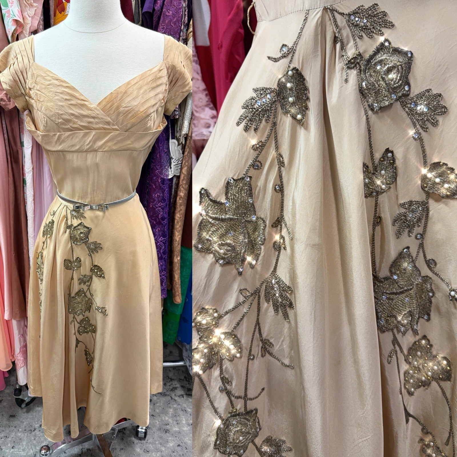 Vintage 1930s-40s Gold Satin Party Dress Fit & Flare Metallic Appliqué S 36×27