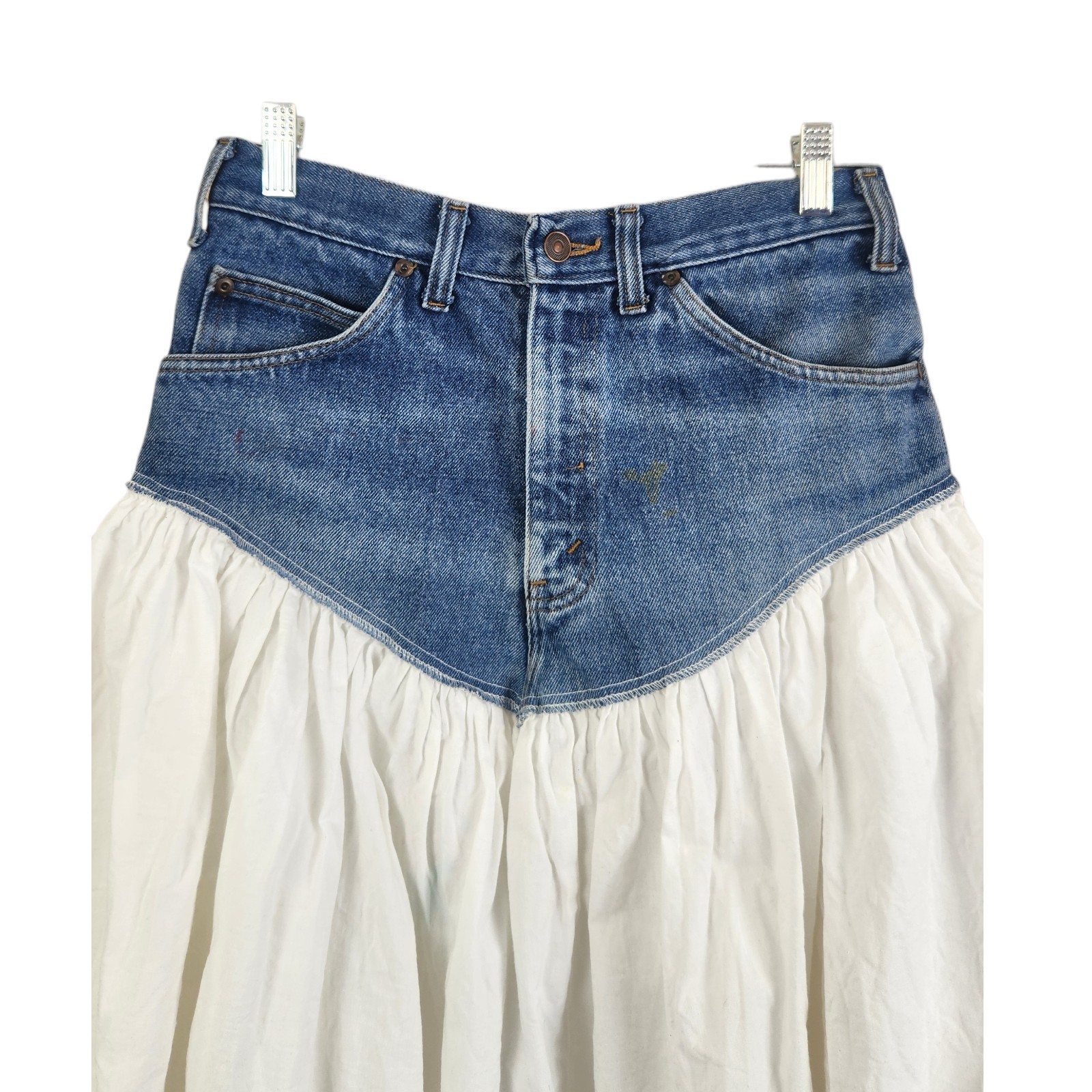 Vintage 70s Denim Short White Cotton Midi Skirt Small / 28″ Festival Boho Cntry