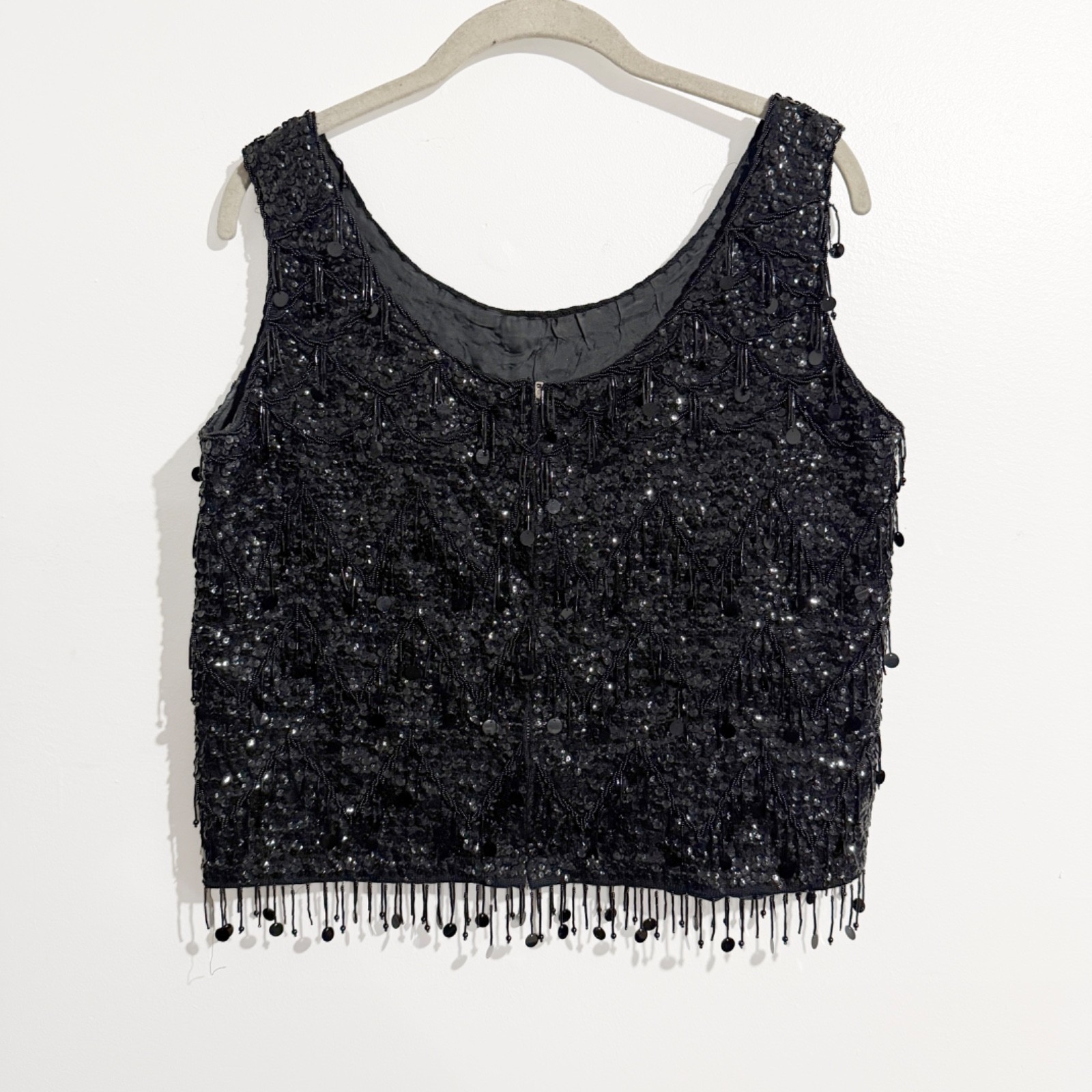 Vintage Black Sequin Beaded Top / Art Deco Inspired Fringe Sleeveless Party Top