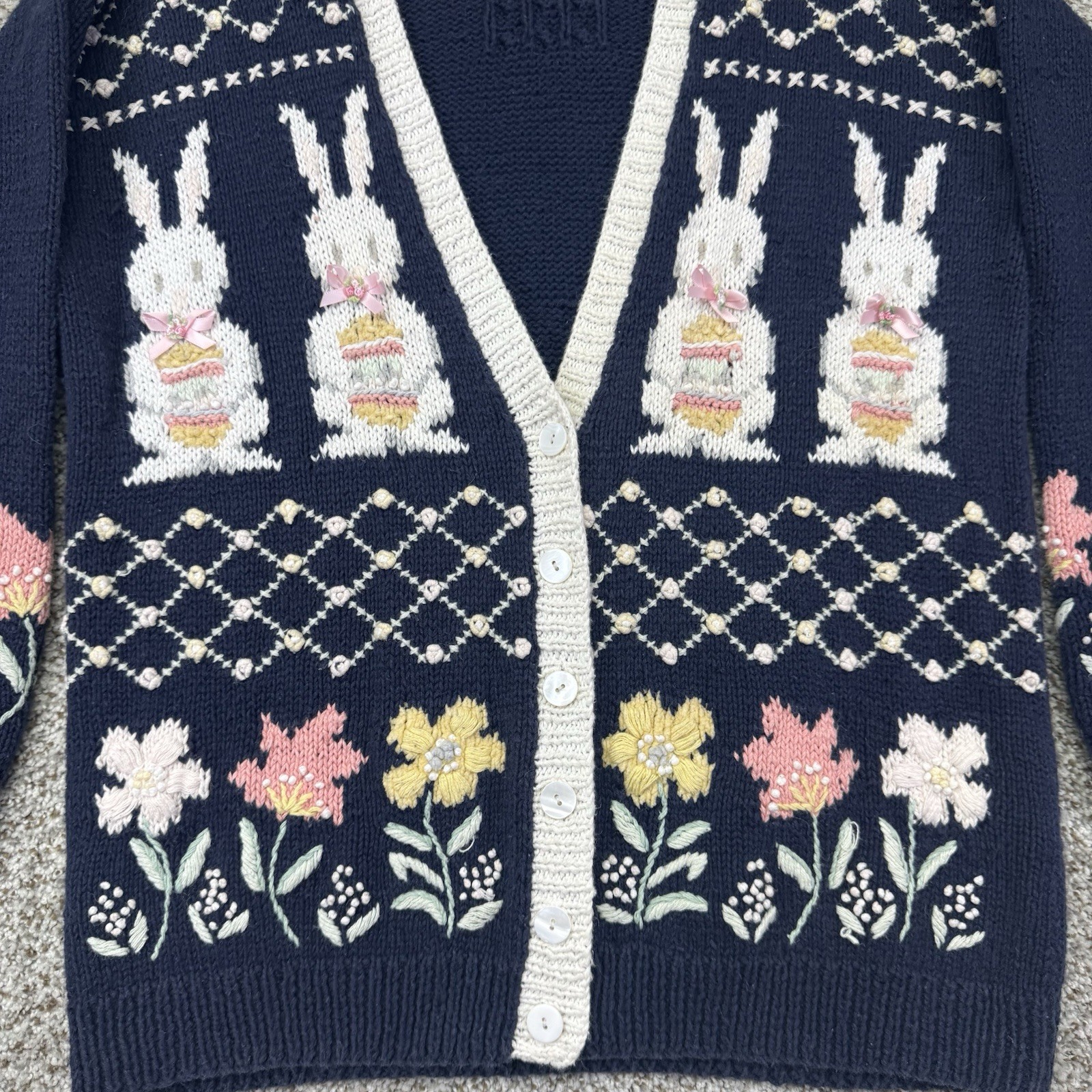 VTG 90s Marisa Christina Sweater Women’s Large Hand Knit Cardigan Easter Bunny