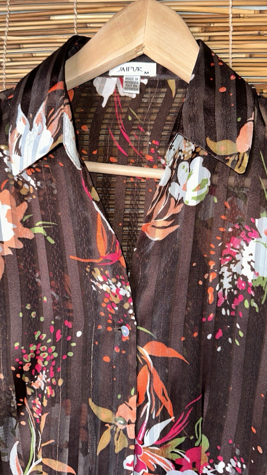 Vintage Jaipur Women’s Blouse Brown Sheer Floral 3/4 Sleeve Rose Gold M