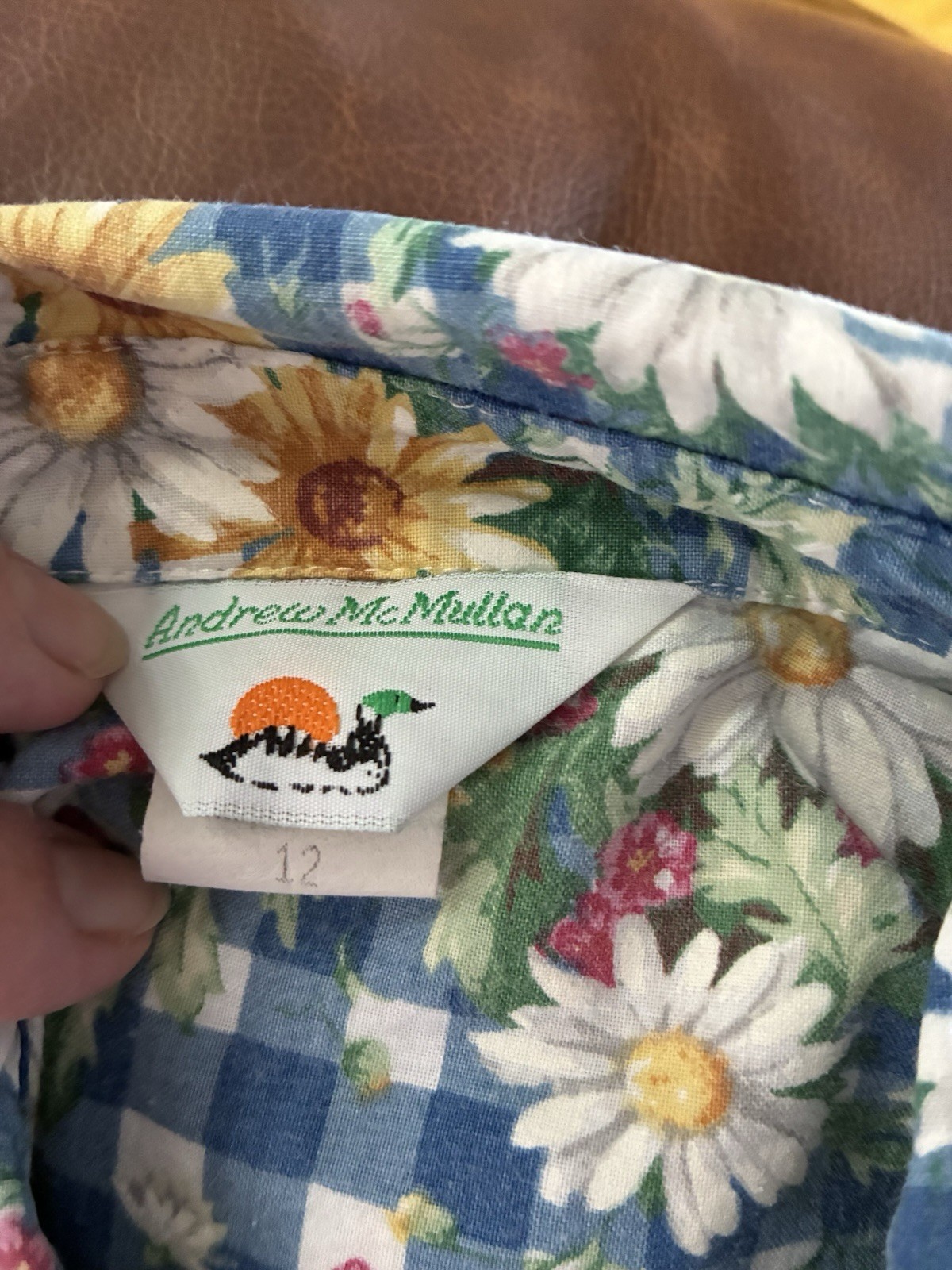 Vintage 80s Andrew McMullan Gingham Daisy Print Button Up Short Sleeve M USA