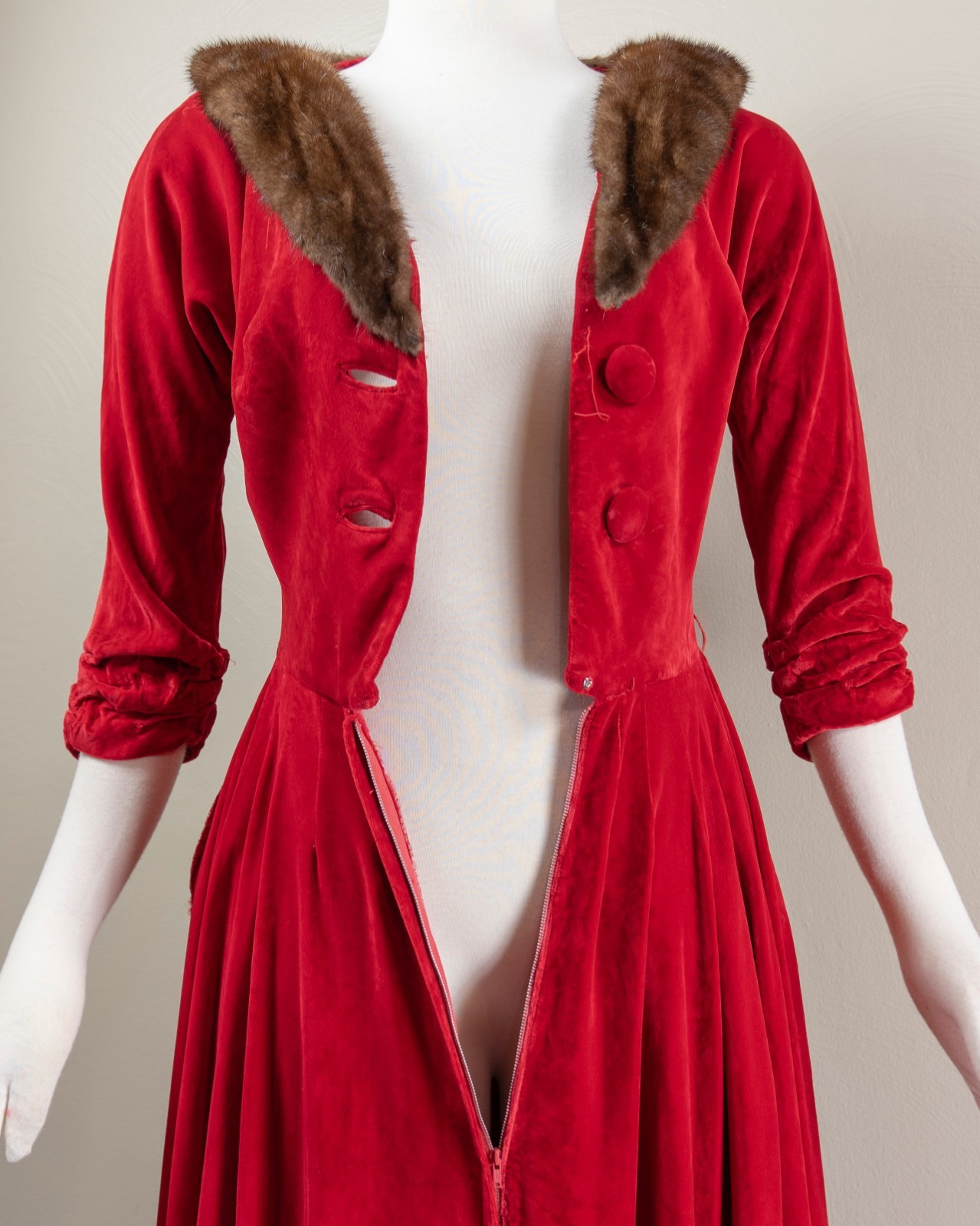 40s/50s Red Velvet Dressing Gown/Hostess Dress, Mink Trim Glam Loungewear, Small