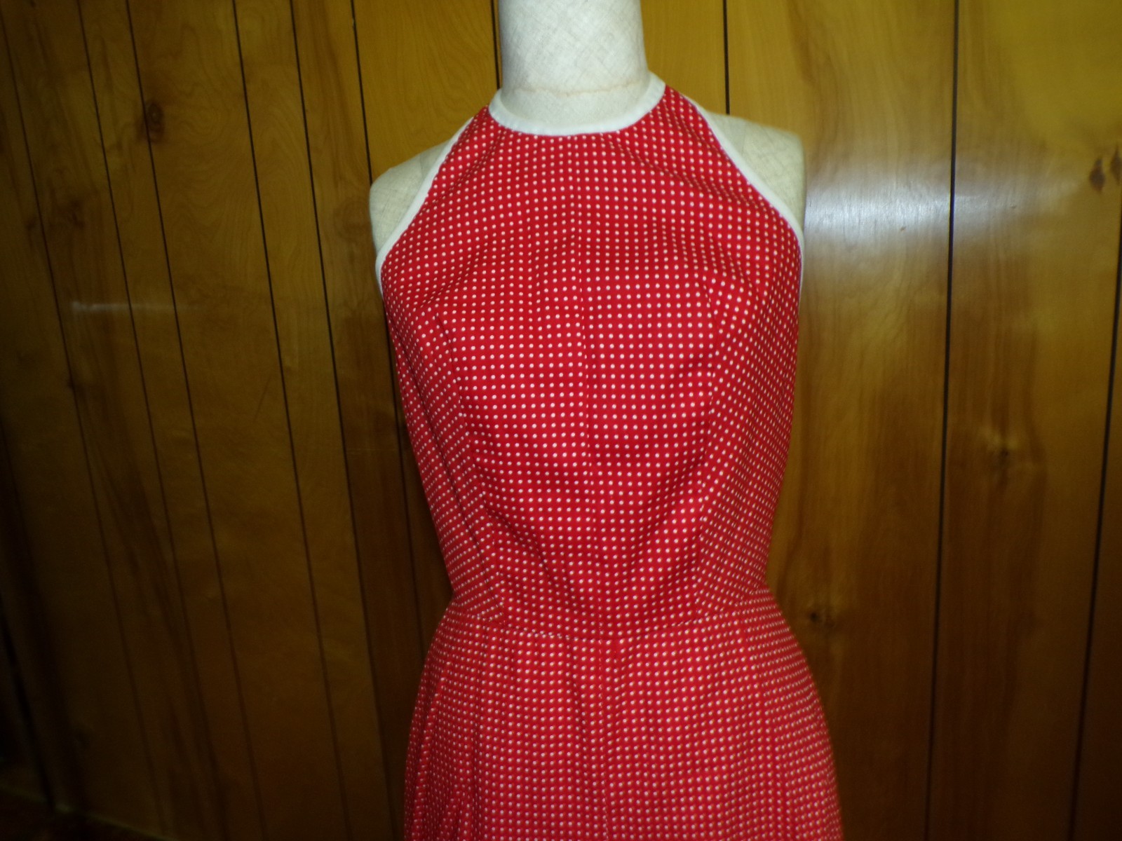 Vintage Red w/ White Polka Dots Halter Maxi Dress Handmade 25″ Waist