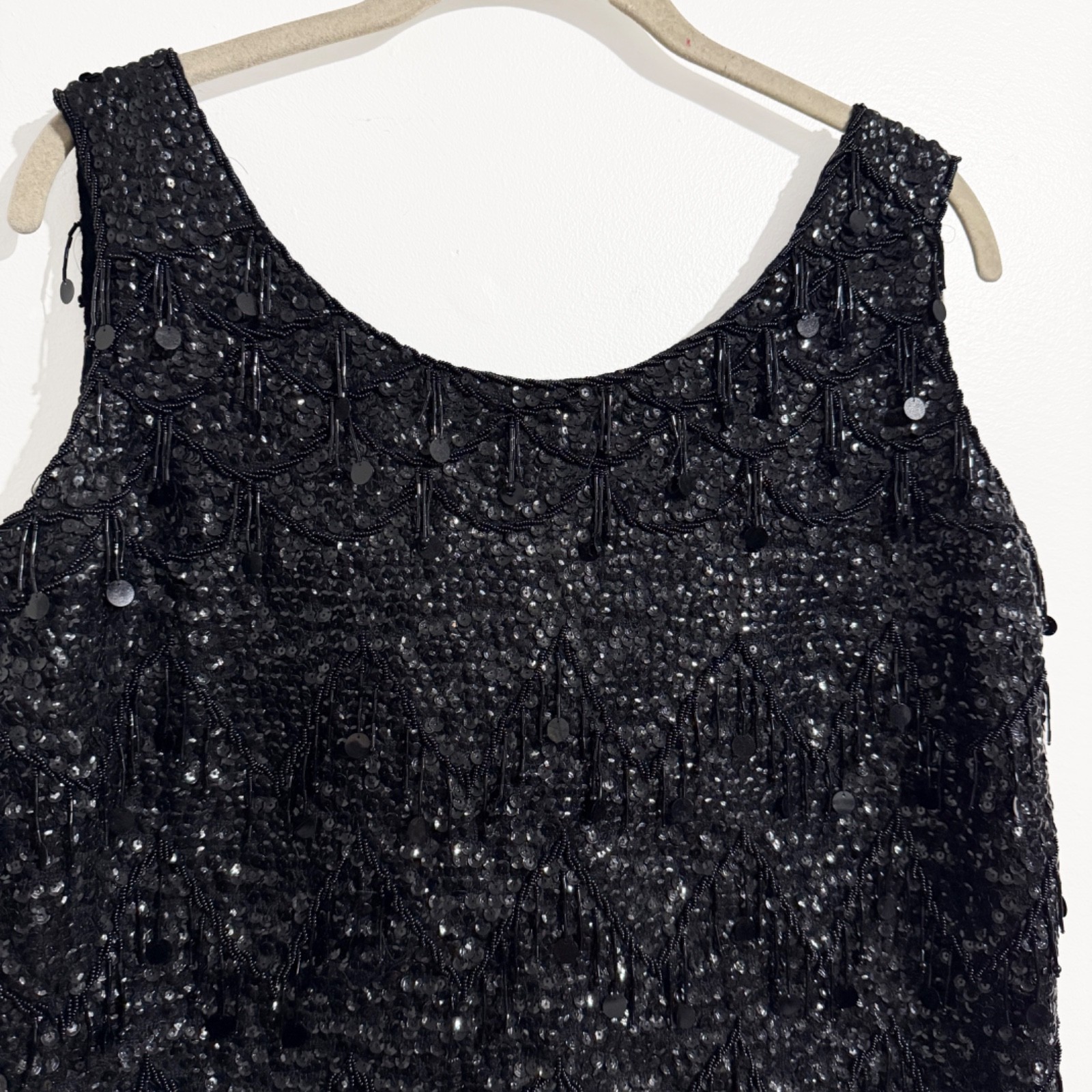 Vintage Black Sequin Beaded Top / Art Deco Inspired Fringe Sleeveless Party Top