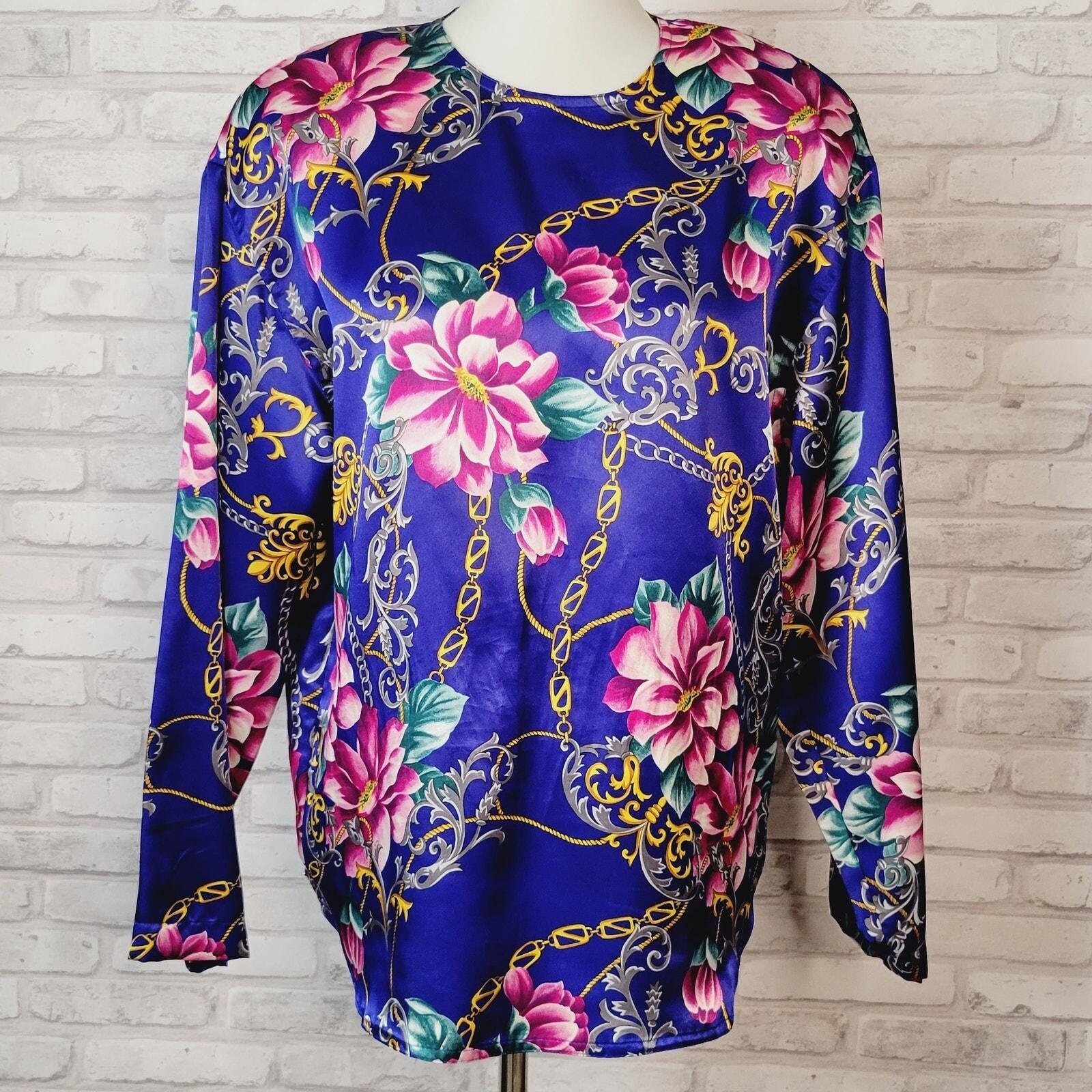 Vintage 80s Liz Claiborne Silky Polyester Top Sz 12 Equestrian Floral Mobwife