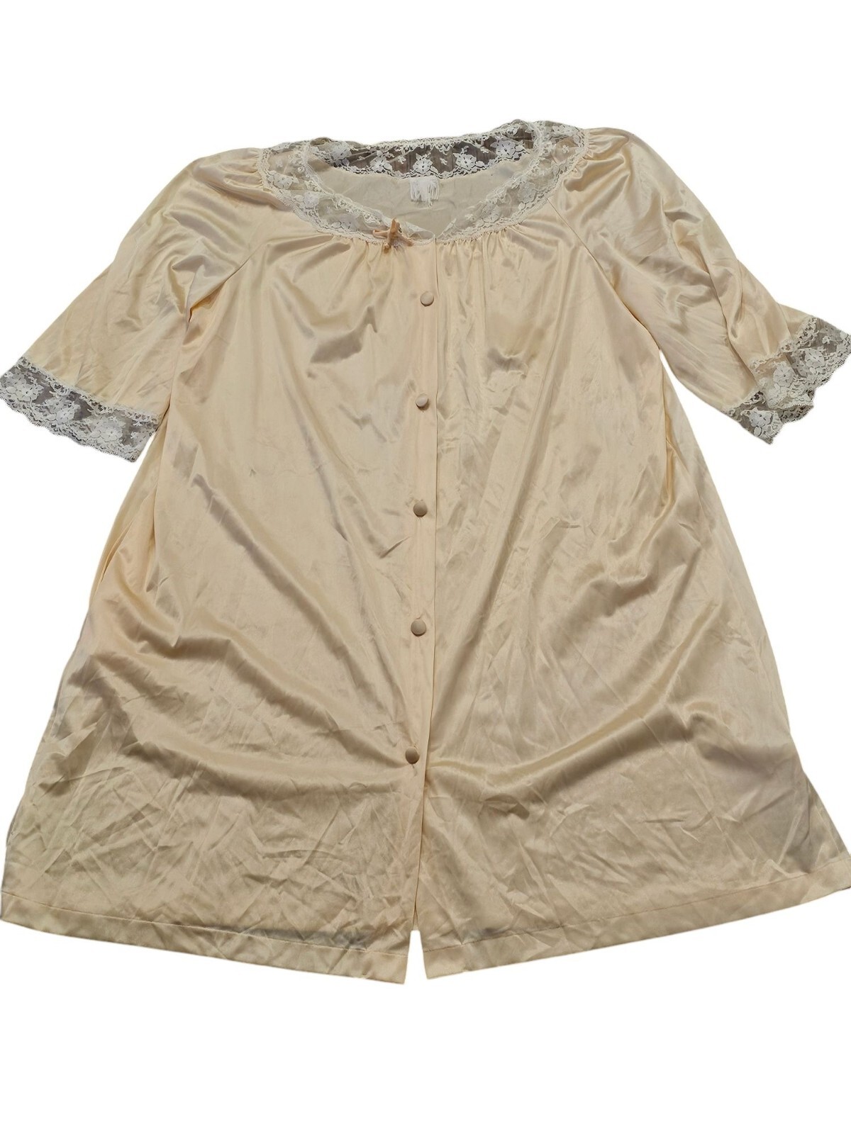 Vintage Satin Robe House Coat With Lace Trim & Covered Buttons M/L 24″W x 37″L