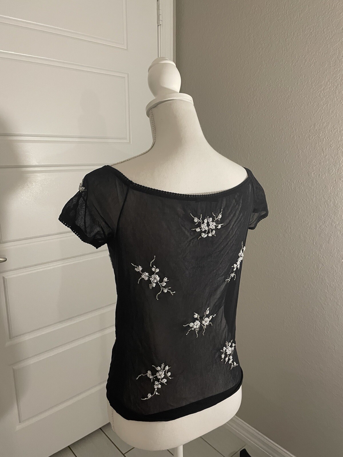 Vivienne Tam black mesh blouse with embroidered flowers