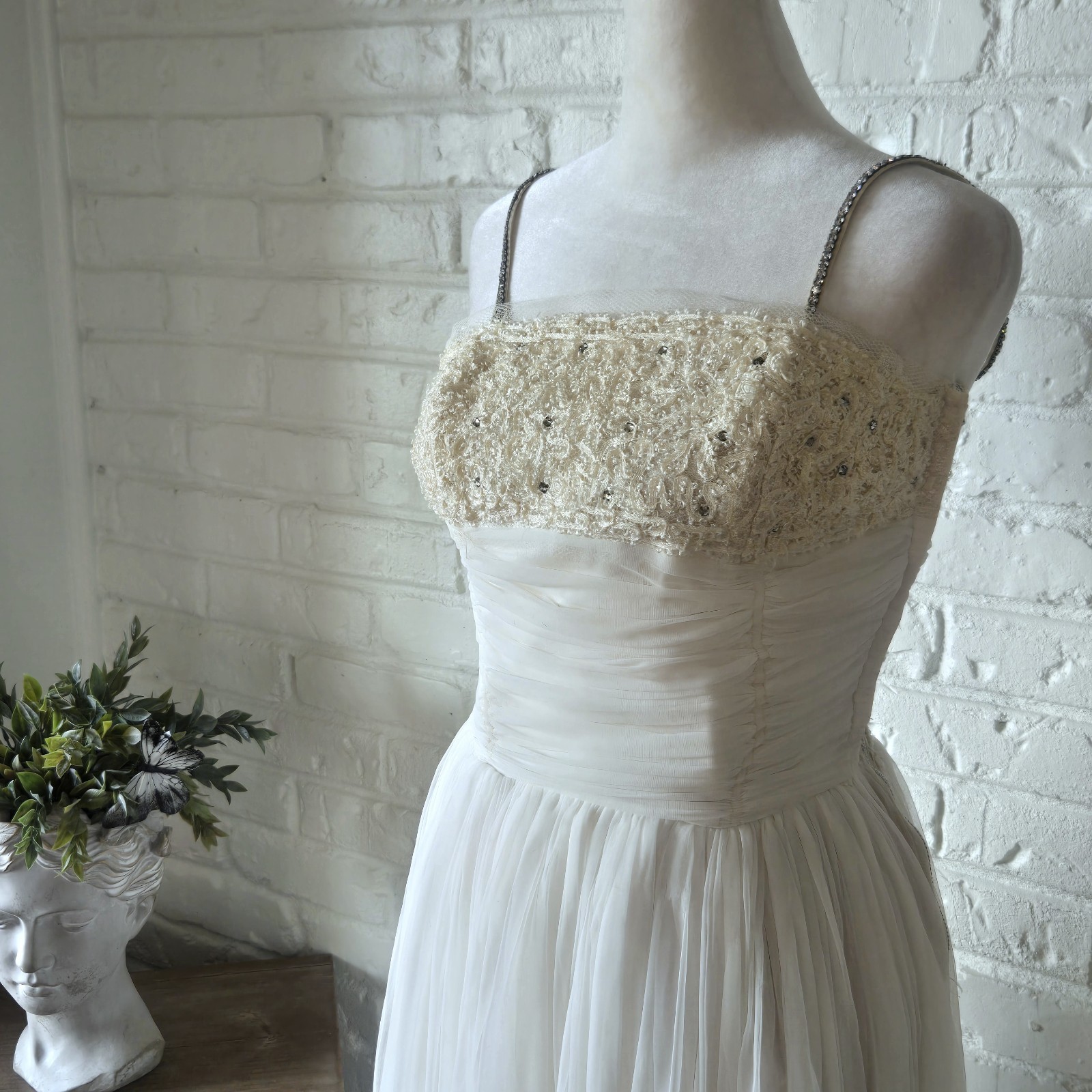 Vtg 1950s 60s Rhinestone Ruched Party Dress, Wedding, Bridal