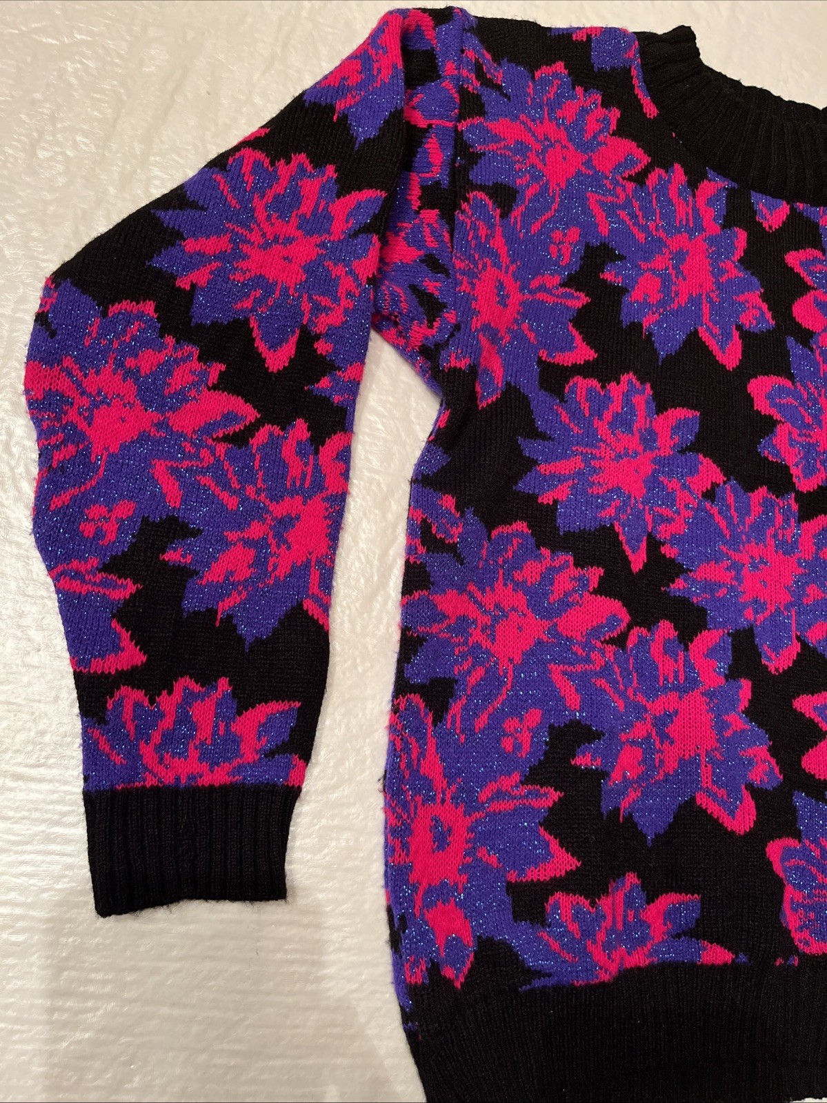 vtg 1980s Spunky USA MADE womens Medium knit sweater floral pink purple METALLIC