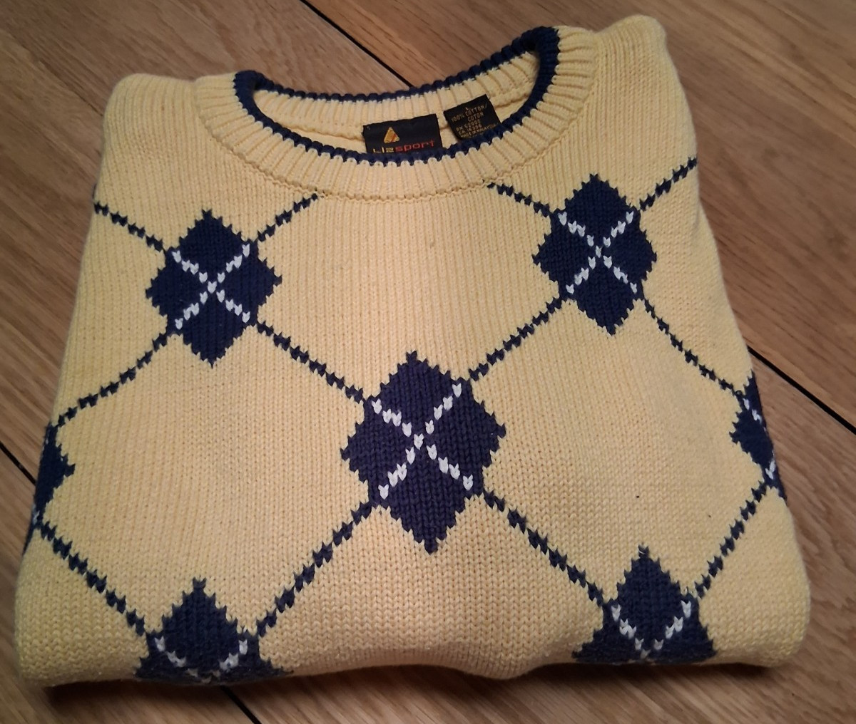 Vintage Liz Sport The 90’s Sweater Short Length Shoulder Pads Yellow Navy Argyle