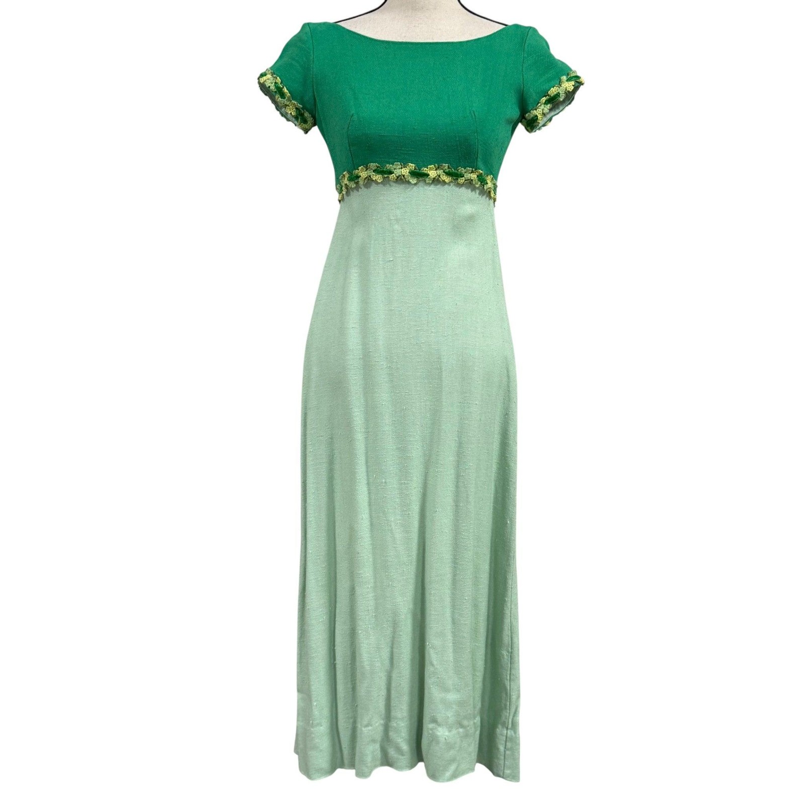 70s Handmade Green Linen Empire Waist Cottage Core Maxi Dress XS