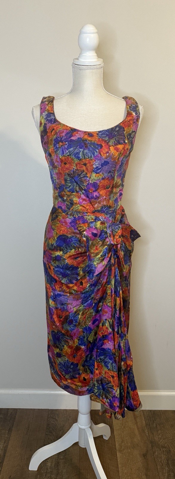 Gorgeous 1950s VTG Satin Floral Sarong Dress Designer Mr. Blackwell Sz XS/S