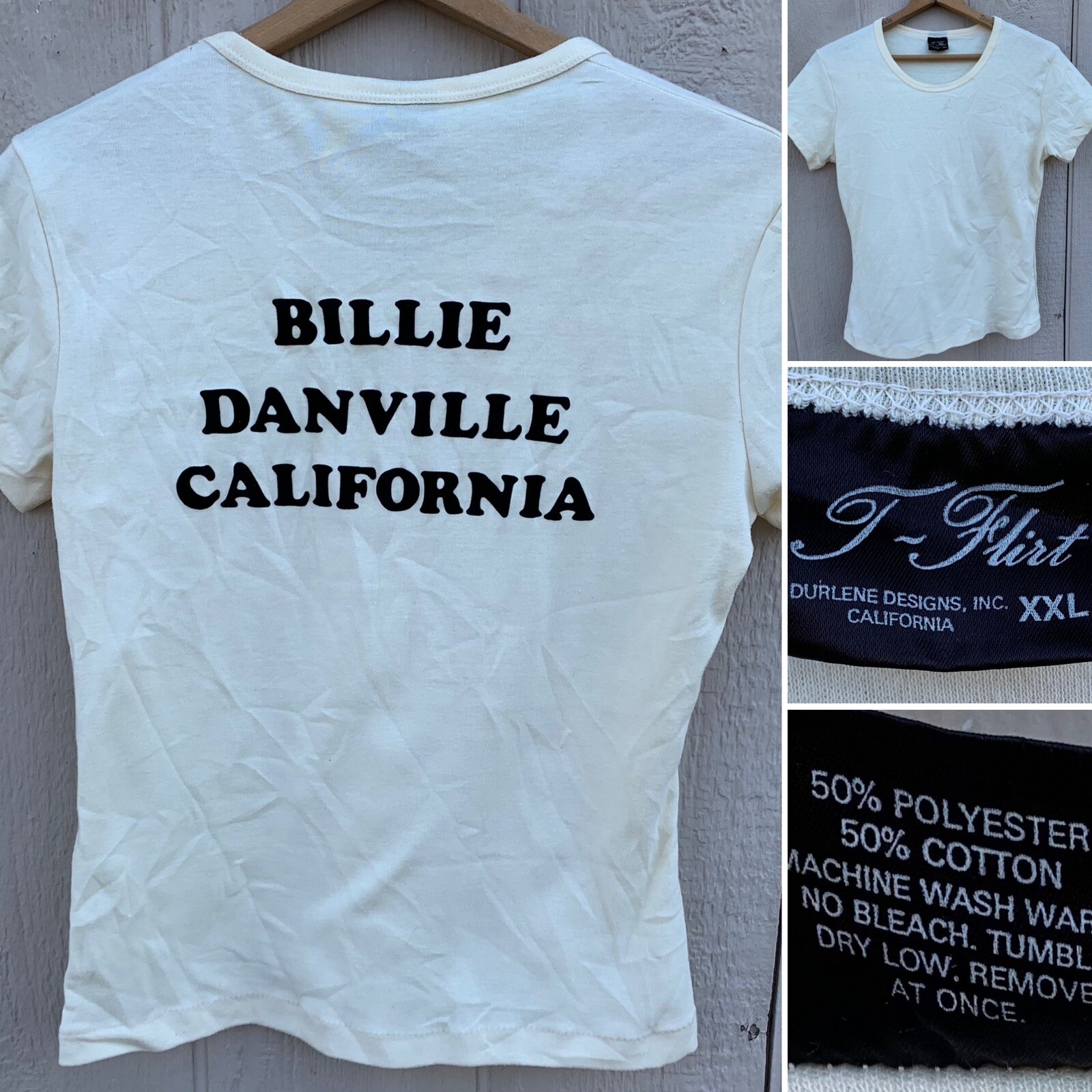 vintage Billie Danville California iron on lettering t shirt T Flirt XXL 1980s