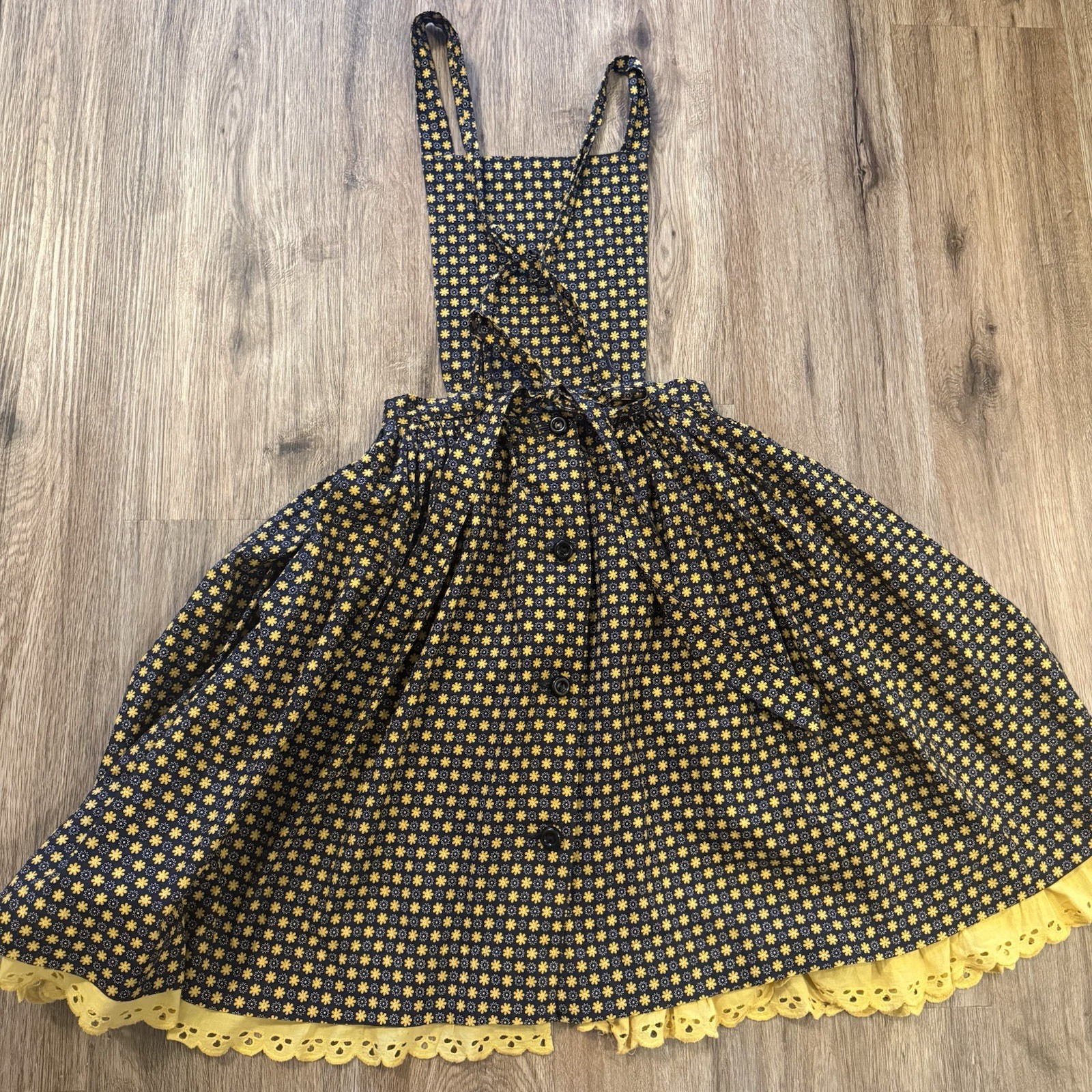 Vintage Lord and Taylor Apron Dress Black Yellow Retro 50s 40s Rockabilly Sz XS