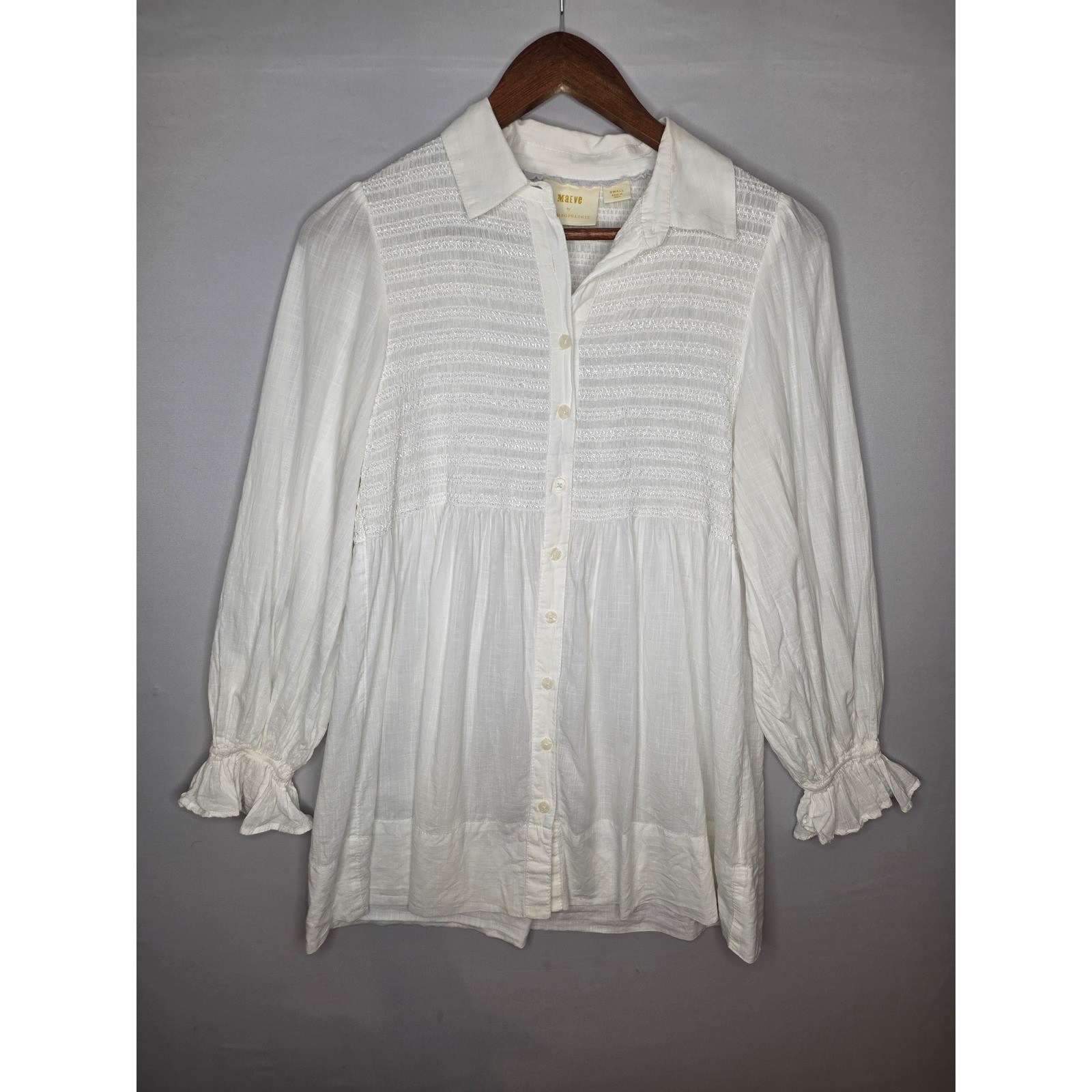 Anthropologie Maeve Vicki Smoked Tunic White Ruffle Sleeve Size Small Button up