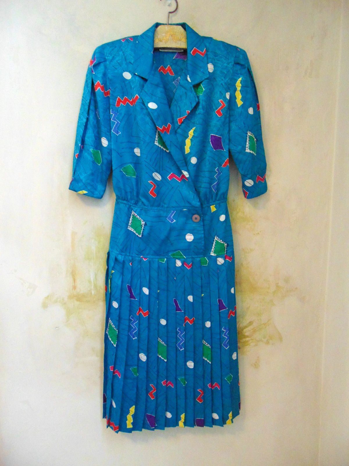 Vintage 80’s La Petite Connection Knee Length Midi Blue Geometric Pleated Dress