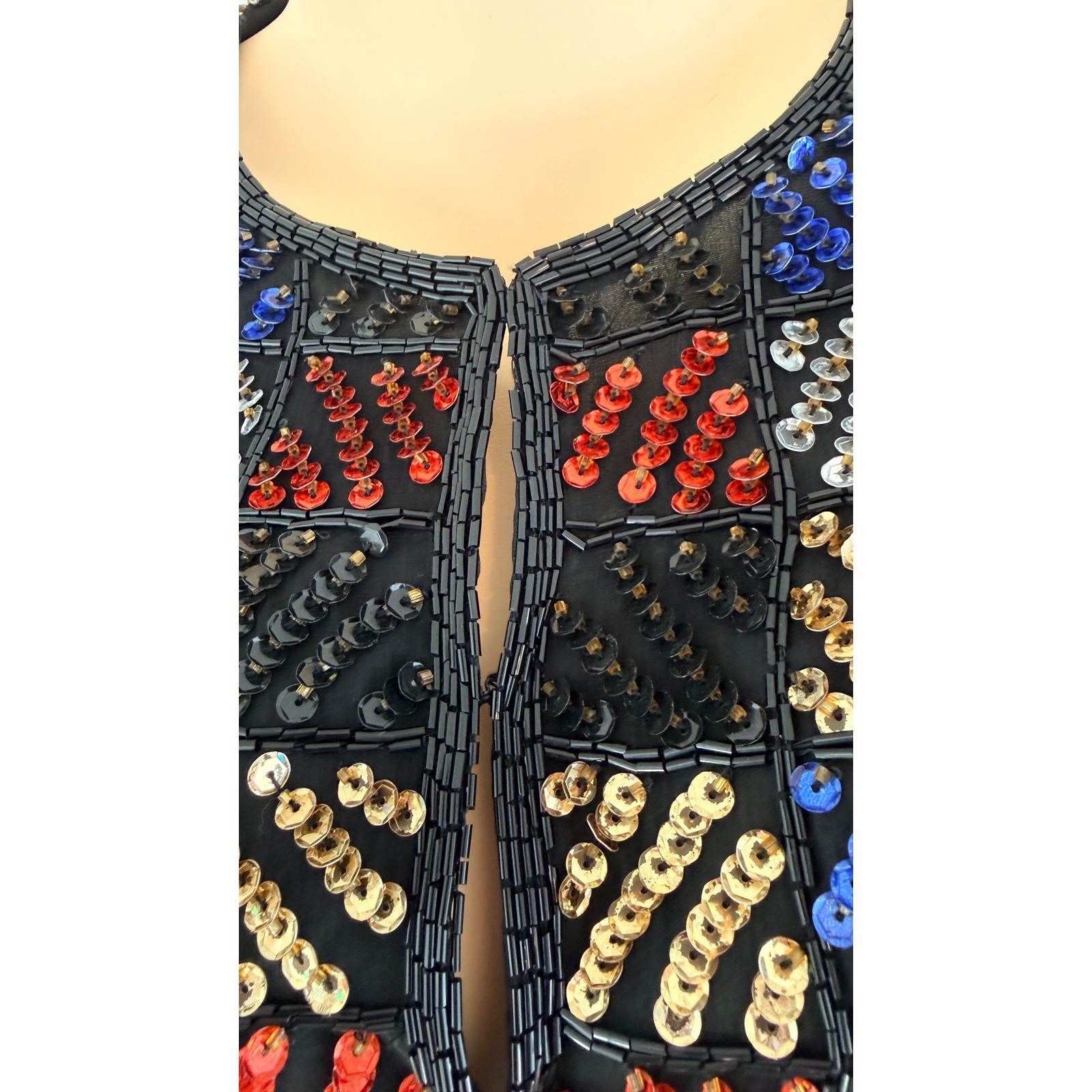 Vintage 80s Laurence Kazar Sequin Beaded Silk Jacket Black Red Blue Gold Small