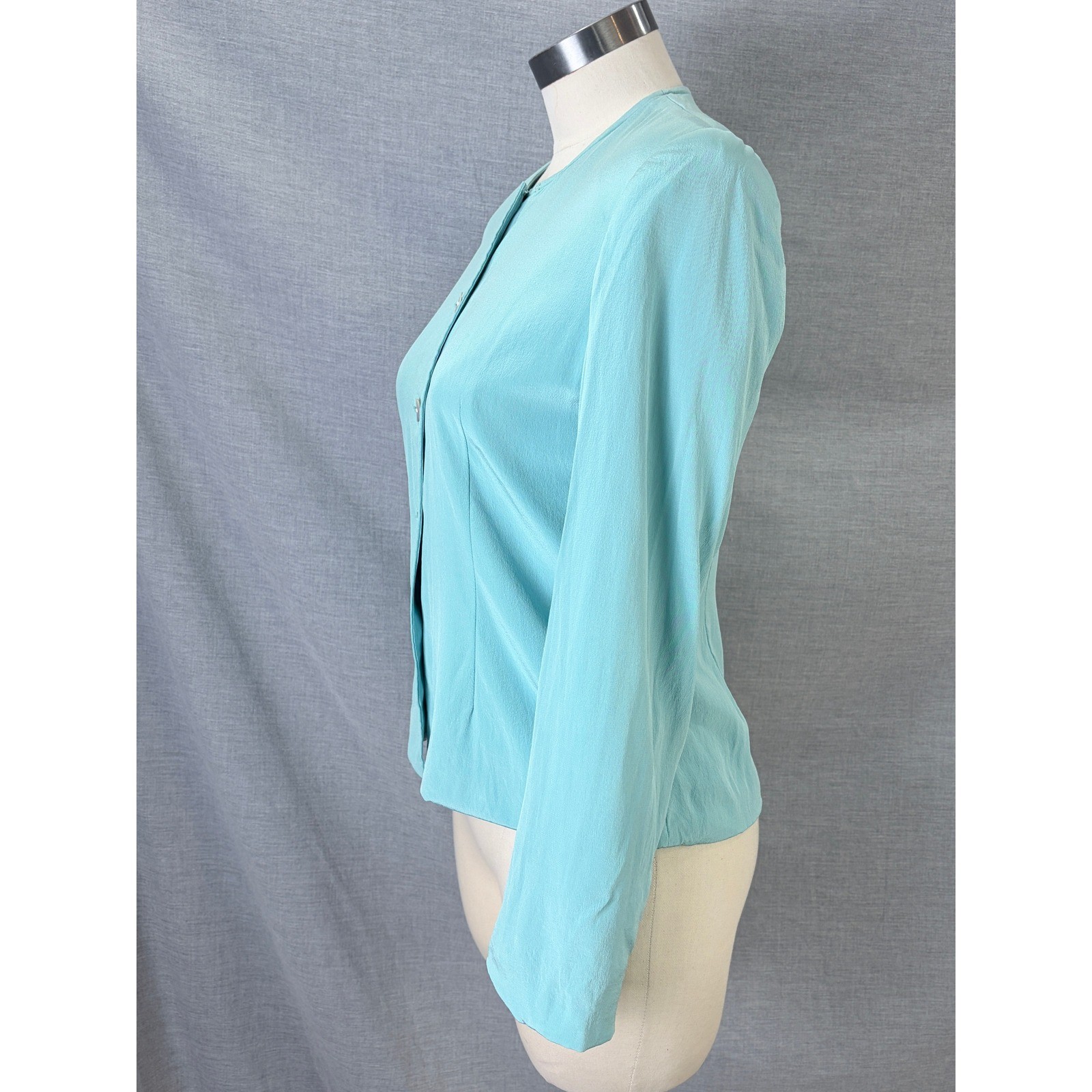 Vintage Casual Corner 100% Silk Button Front Blouse Aqua Turquoise Lined Size 2