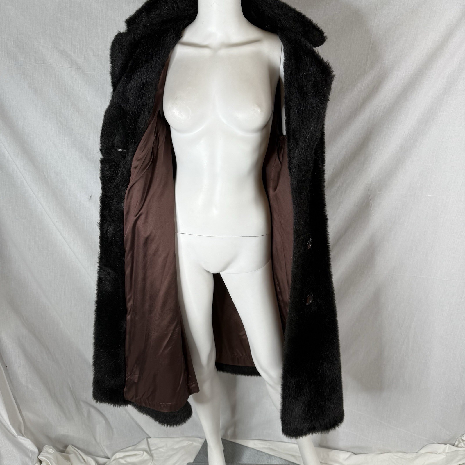70s 80s black faux fur pile trench coat size S/M mobwife mafia midi length vtg