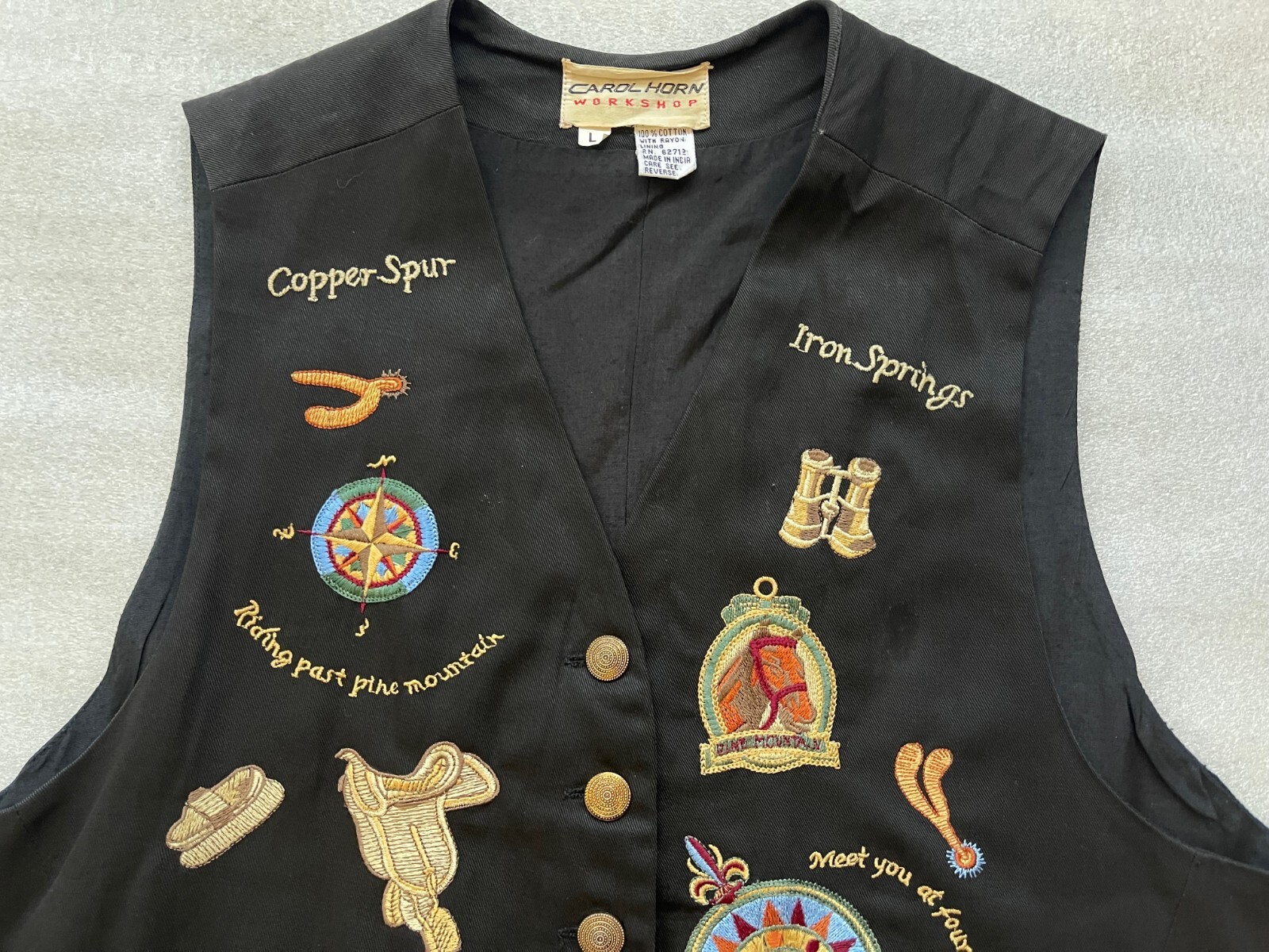 VINTAGE CAROL HORN WORKSHOP, WOMEN’S L, BLACK WESTERN HORSE THEME COTTON VEST