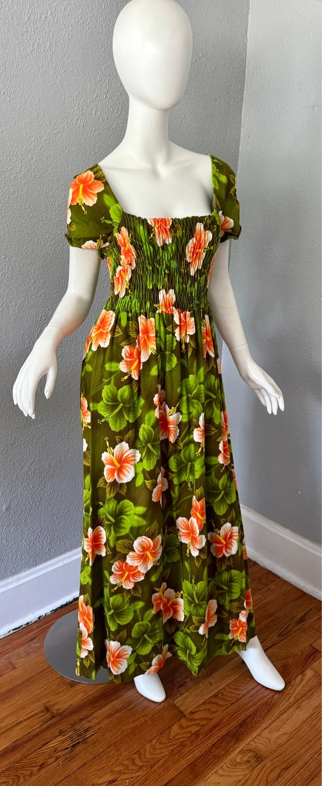 Vintage 60s Psychedelic Green Tropical HAWAIIAN Barkcloth Maxi Hippie Dress M