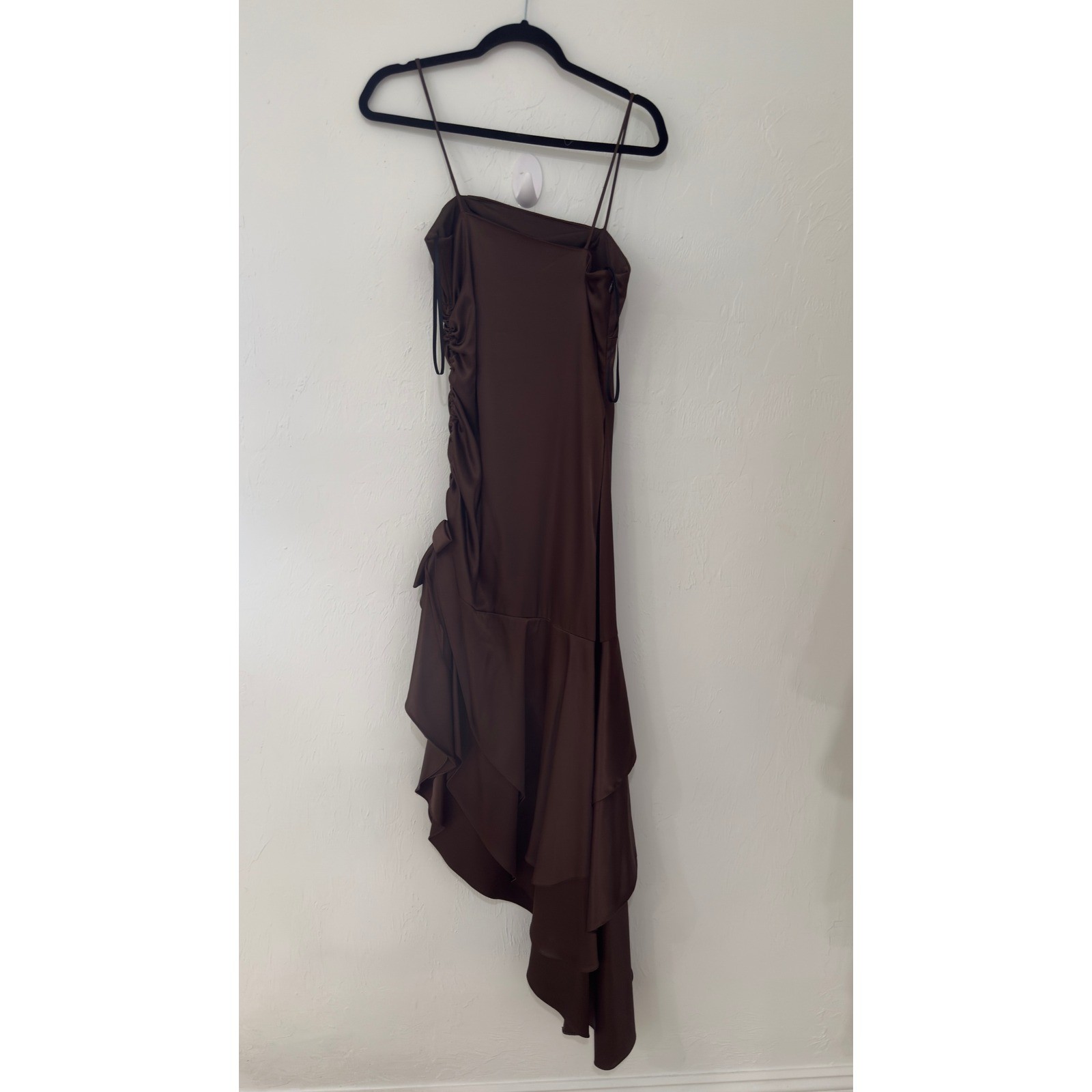 Vintage Blondie Nites Brown Satin Ruched Ruffle High Low Prom Dress 7