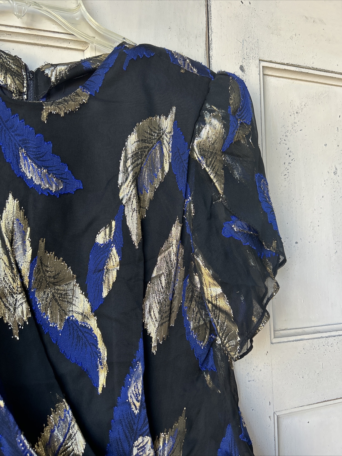 Vintage Women’s Dress Black Blue And Gold Leaves RetroSize 7/8 ILGWU Dry Clean