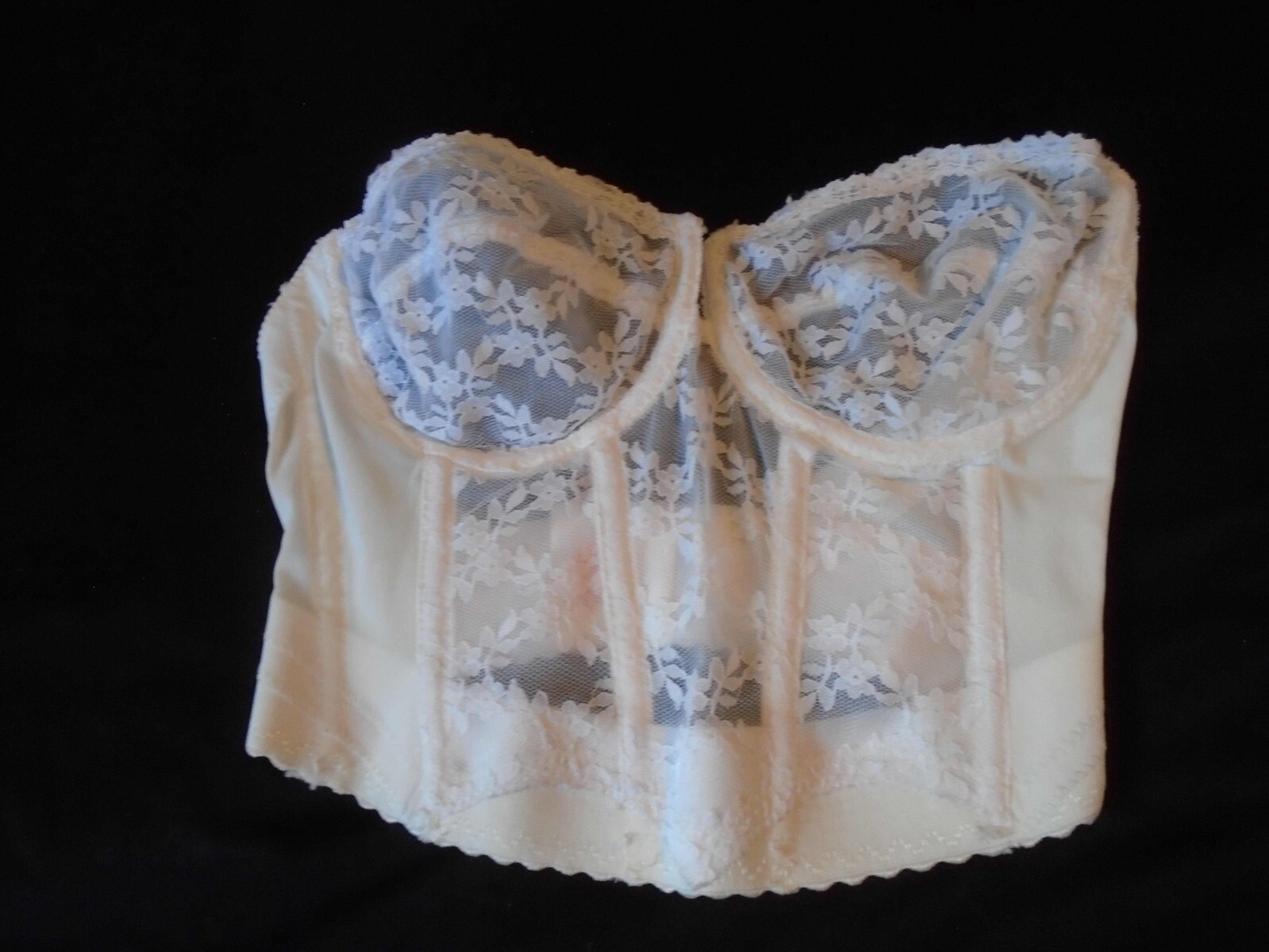 34C White Sheer Lace Boned Vintage YOUNG SMOOTHIE Backless Bustier Bra #480 34C