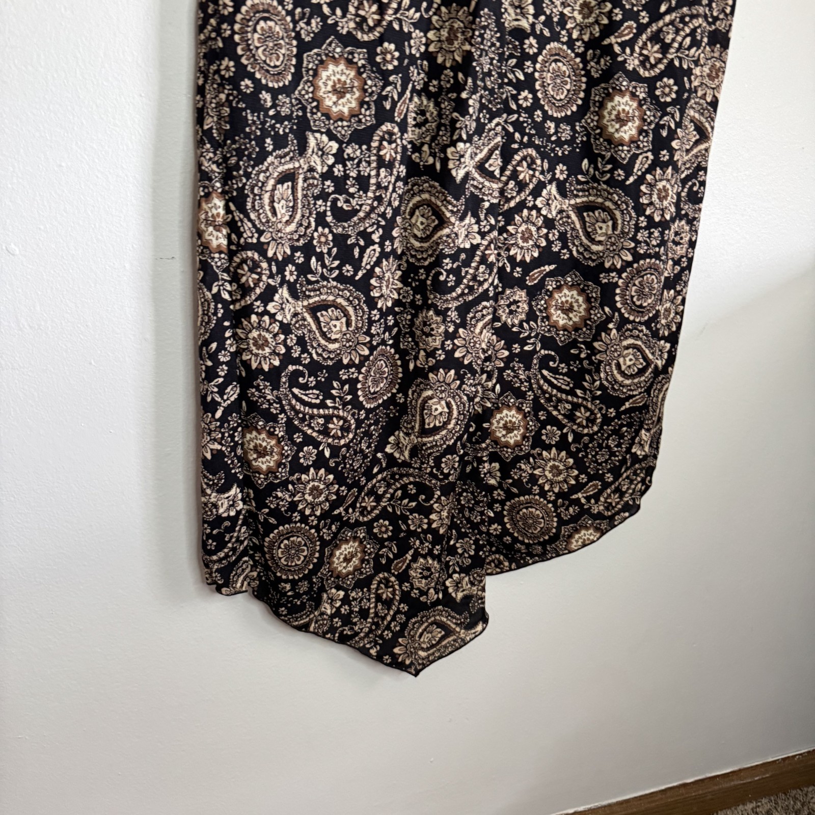 Vtg 90s Paisley Hi-Low Hem Midi Dress Womens Medium 8/10 Black Brown Boho Grunge
