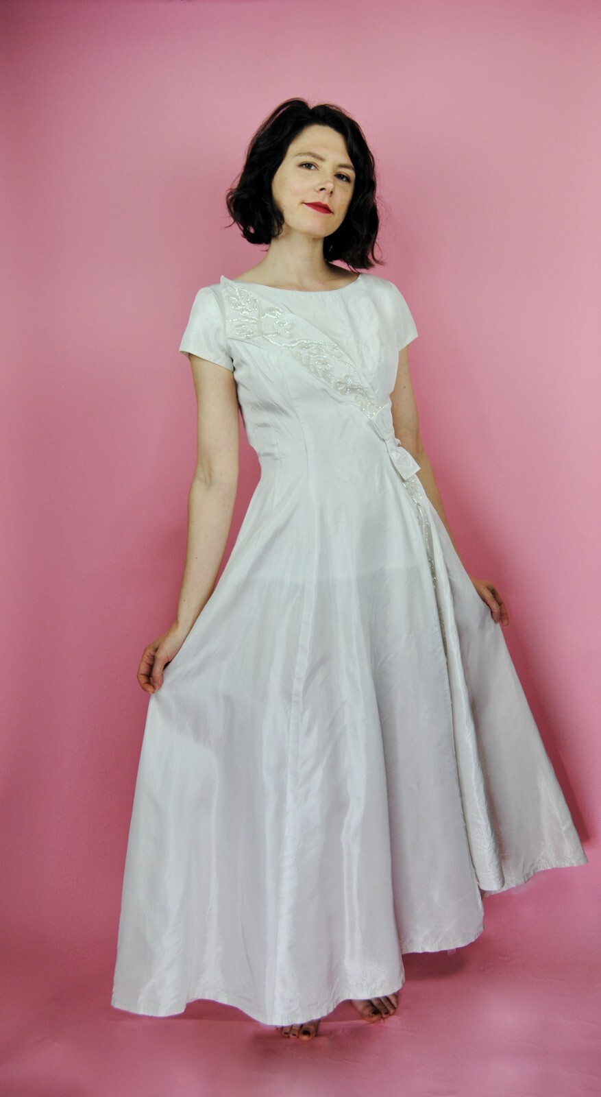 1960s Vintage Emma Domb Ivory Wedding Gown Cotillion Formal Sequin Dress XXS XS