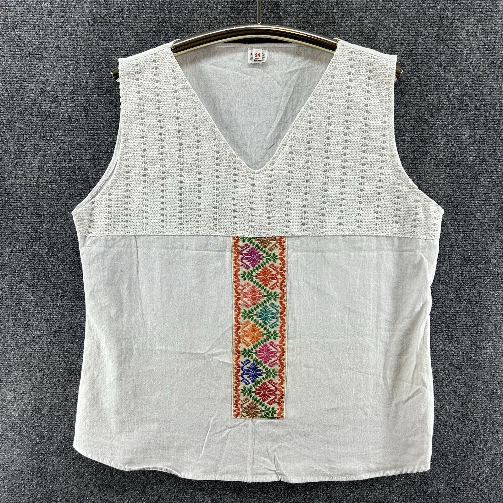 VTG Mexican Artisan Sleeveless Top L/XL Crochet Embroidery Boho Peasant Hippie