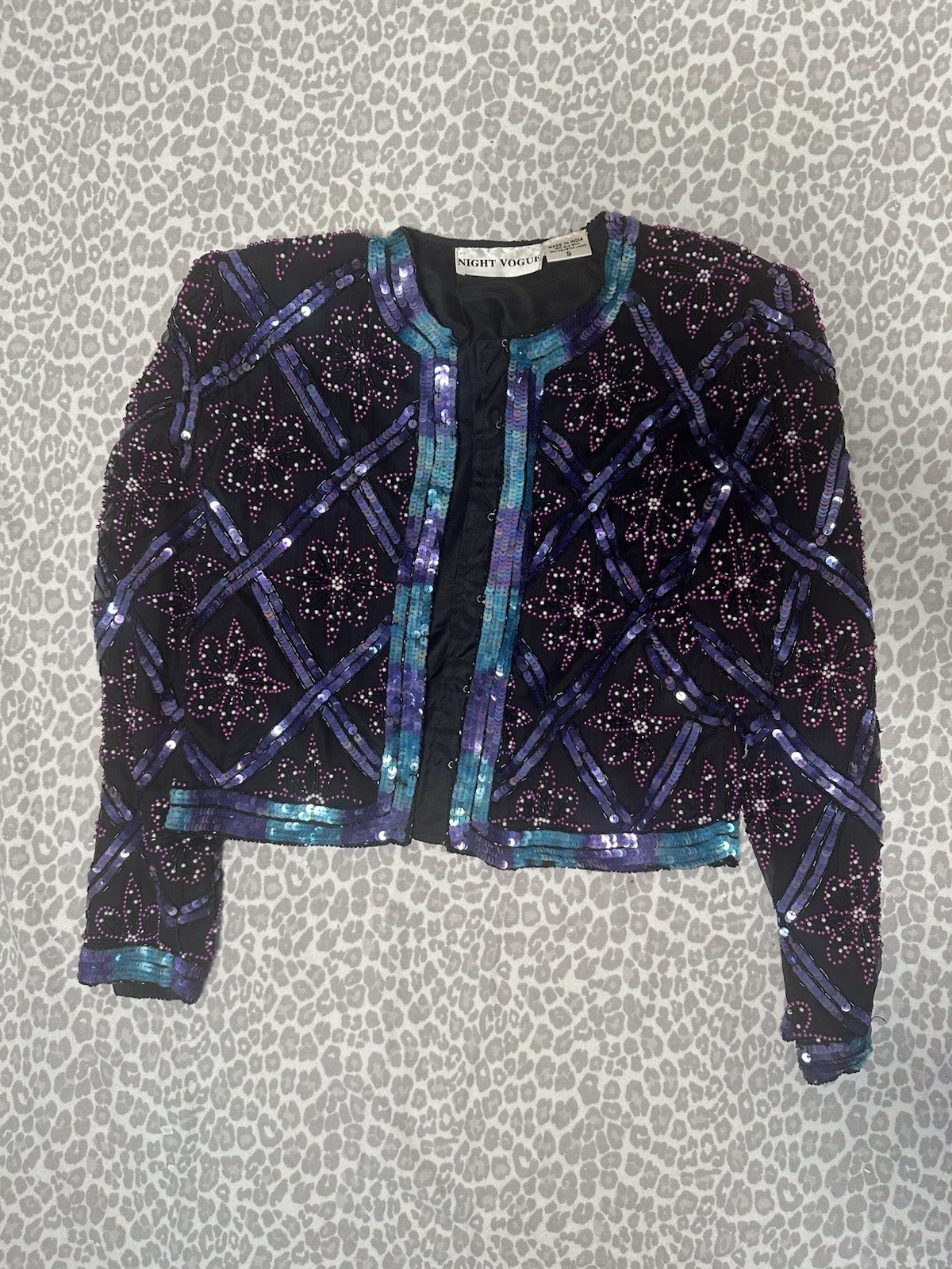 Rare Vintage Purple Black Night Vogue 100% Silk Beaded Hook Closure Jacket Small