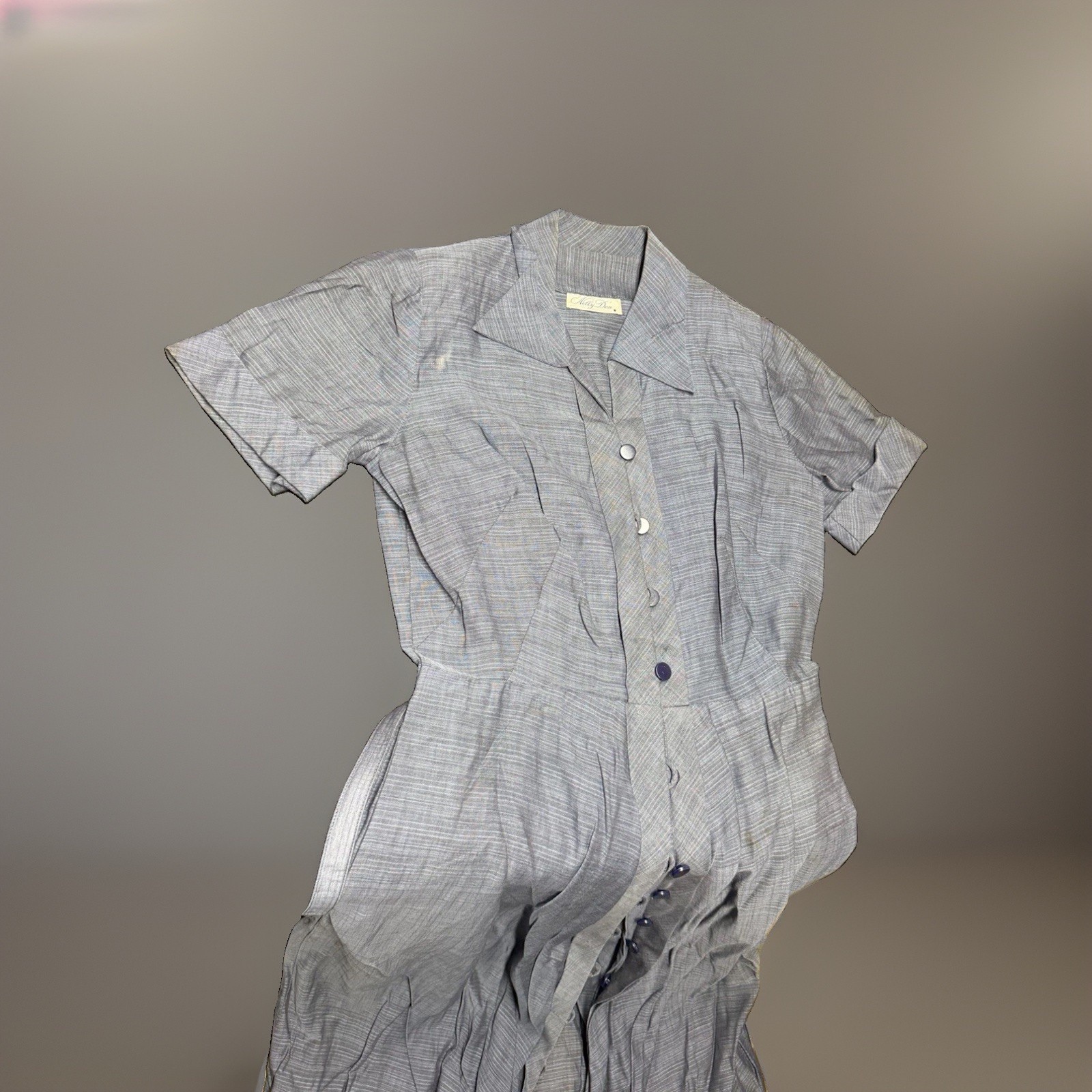 Vtg 1940s Nelly Don Blue Day Dress Button Front Belted Shoulder Pads Sz M NOS