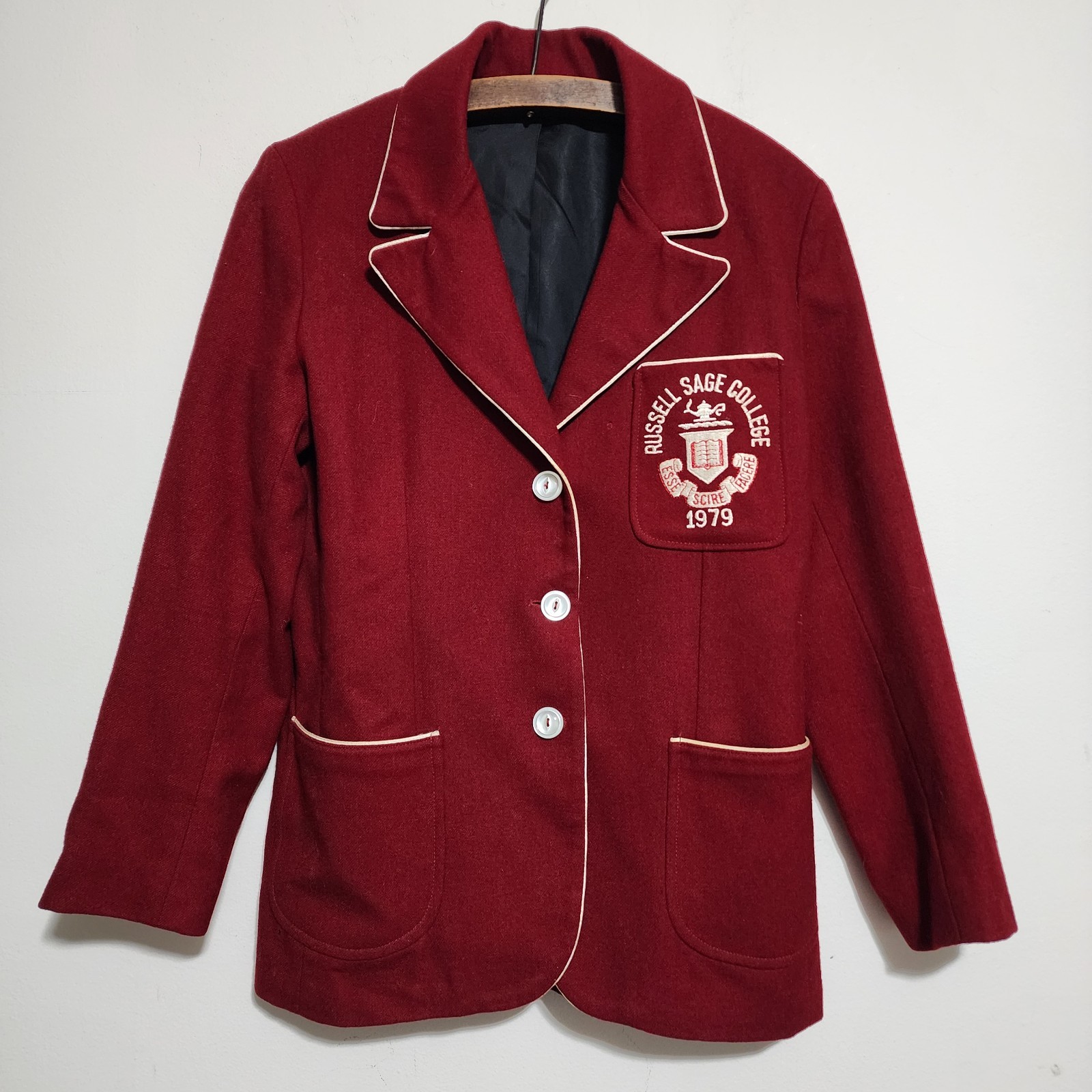 Vintage 70s Russell Sage College Wool Blazer Jacket Womens 10 R Piped Trim 1979