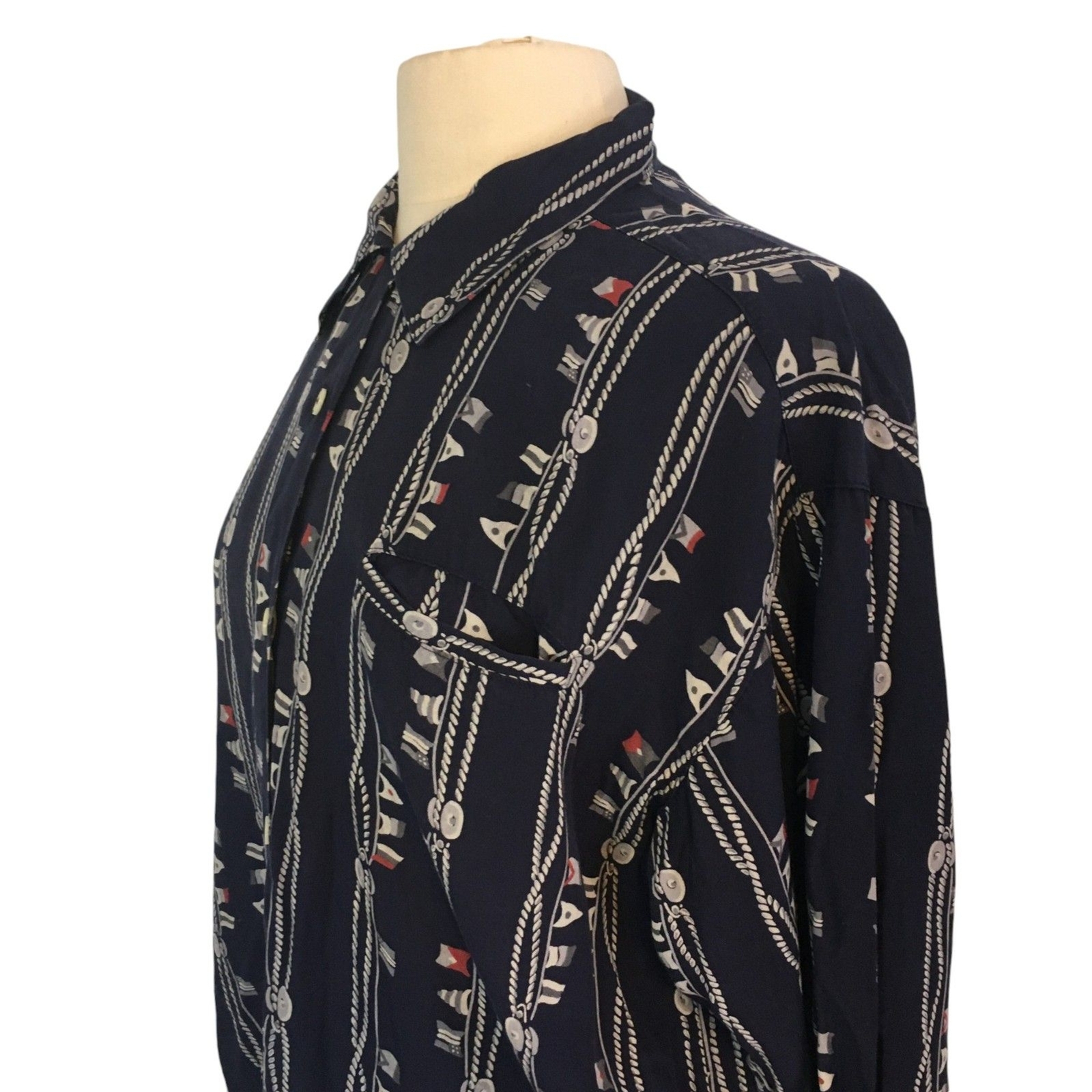 Espirit Sport Vintage 80s Navy Blue Nautical Print Button Front Shirt, Top sz S
