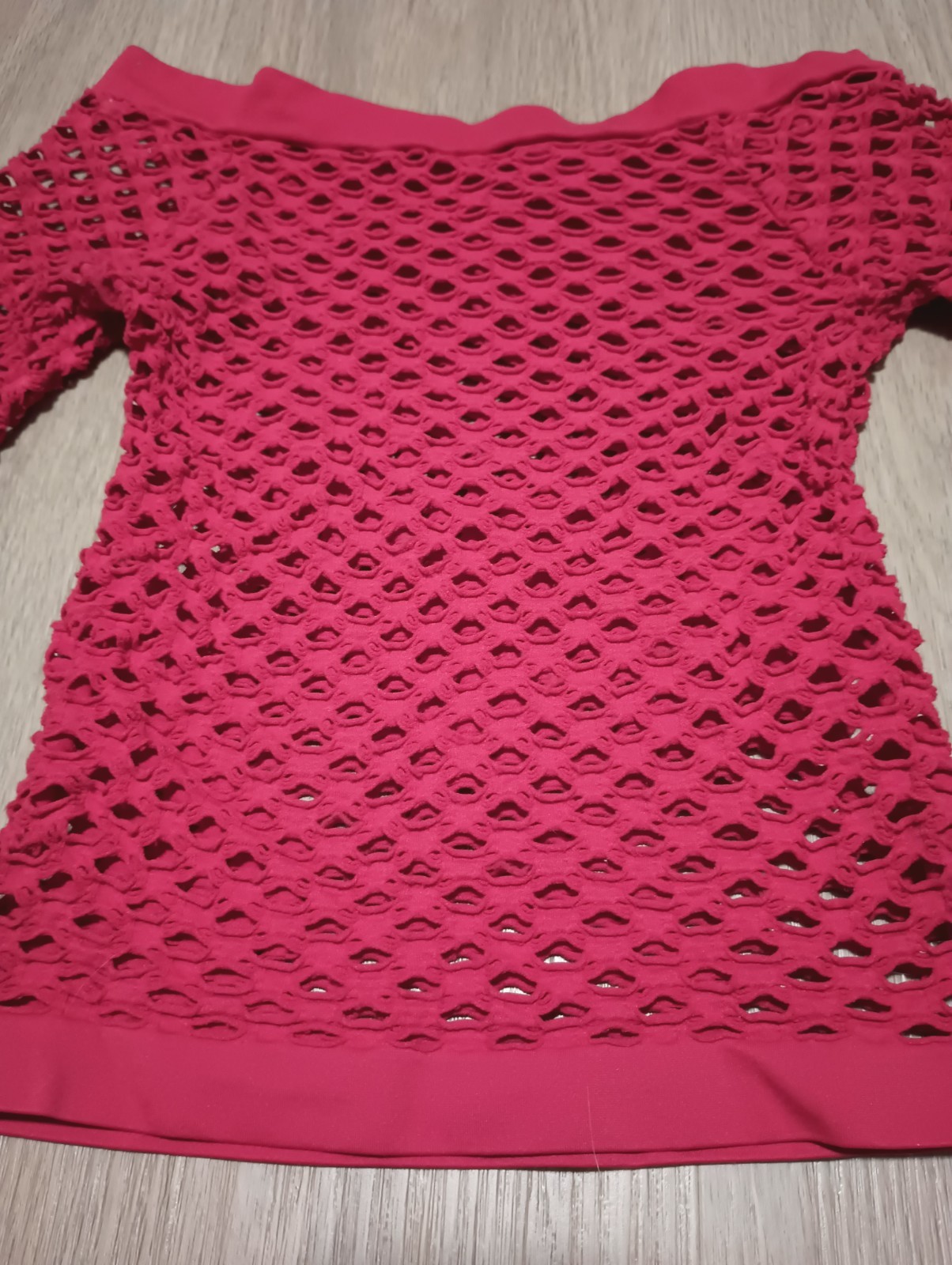 Vtg 80s Stretchy Mesh Fishnet Shredded Look Off Shoulder Red Top glam rock XS