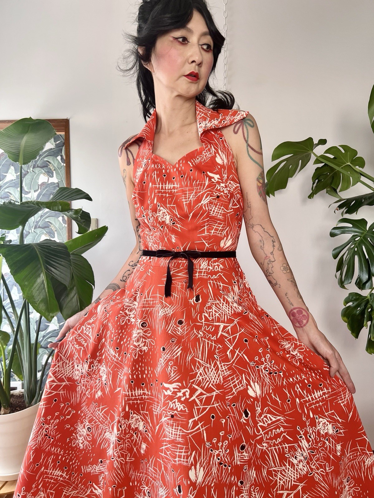 50s Abstract Print Collared Halter Neck Corset Lace Up Cotton Dress S/M LVL Tiki